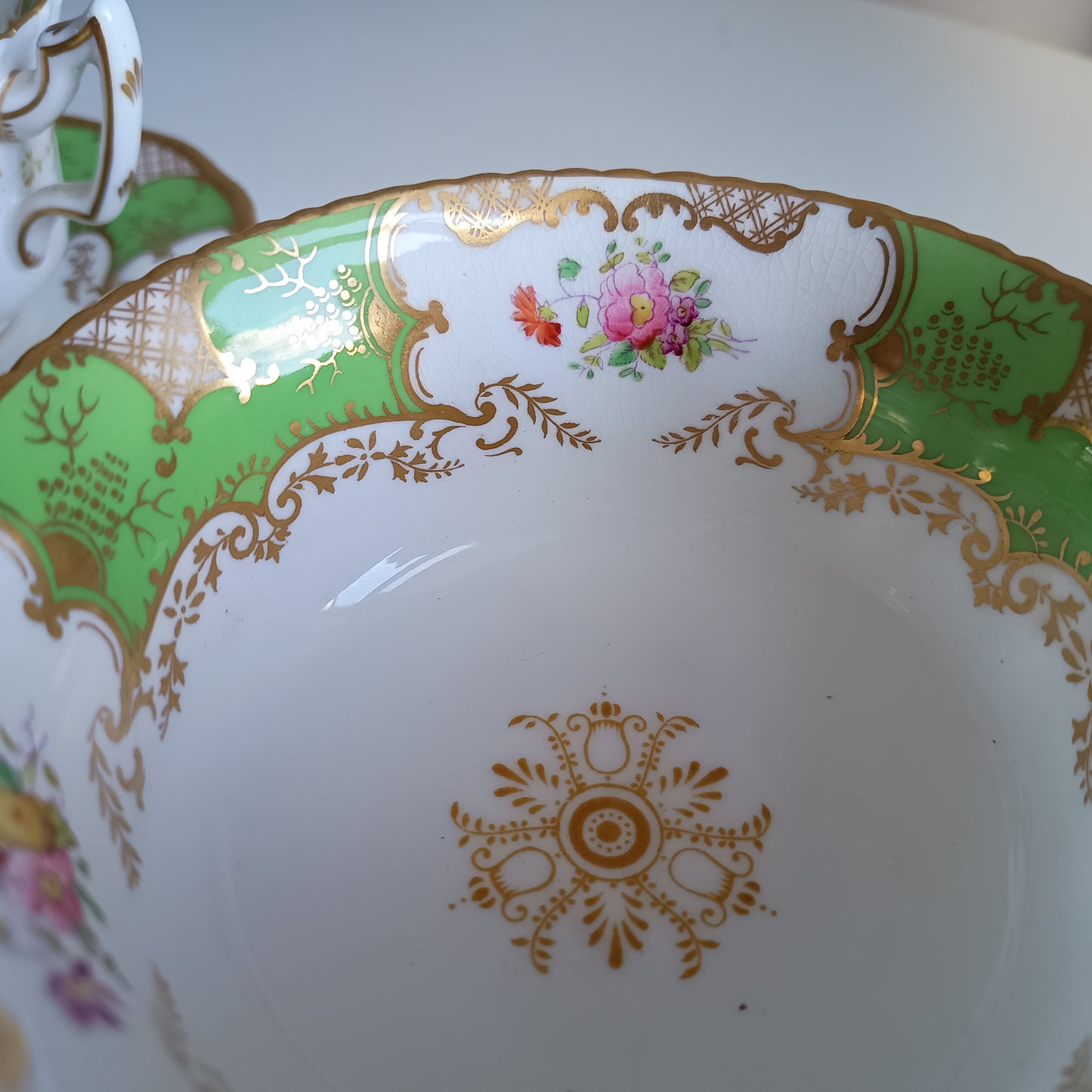 Antique Victorian English Batwing Coalport Part Tea Set for 2: Hand-painted Apple Green, 1890s