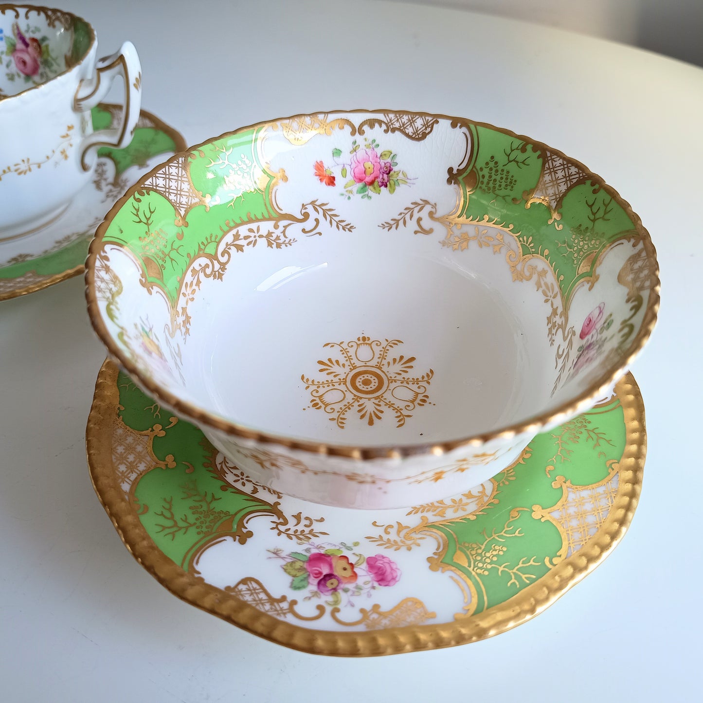 Antique Victorian English Batwing Coalport Part Tea Set for 2: Hand-painted Apple Green, 1890s
