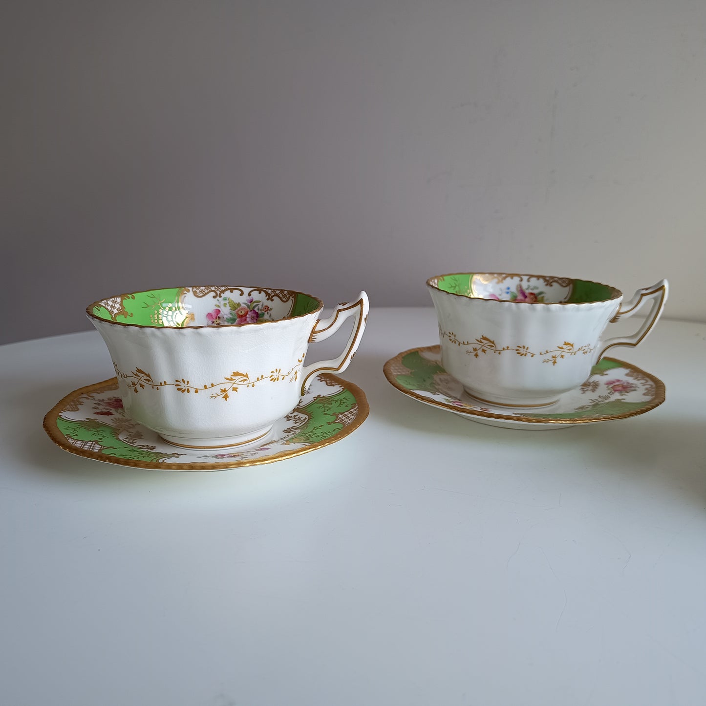 Antique Victorian English Batwing Coalport Part Tea Set for 2: Hand-painted Apple Green, 1890s