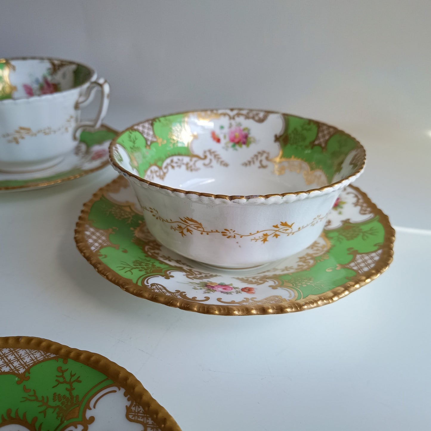 Antique Victorian English Batwing Coalport Part Tea Set for 2: Hand-painted Apple Green, 1890s