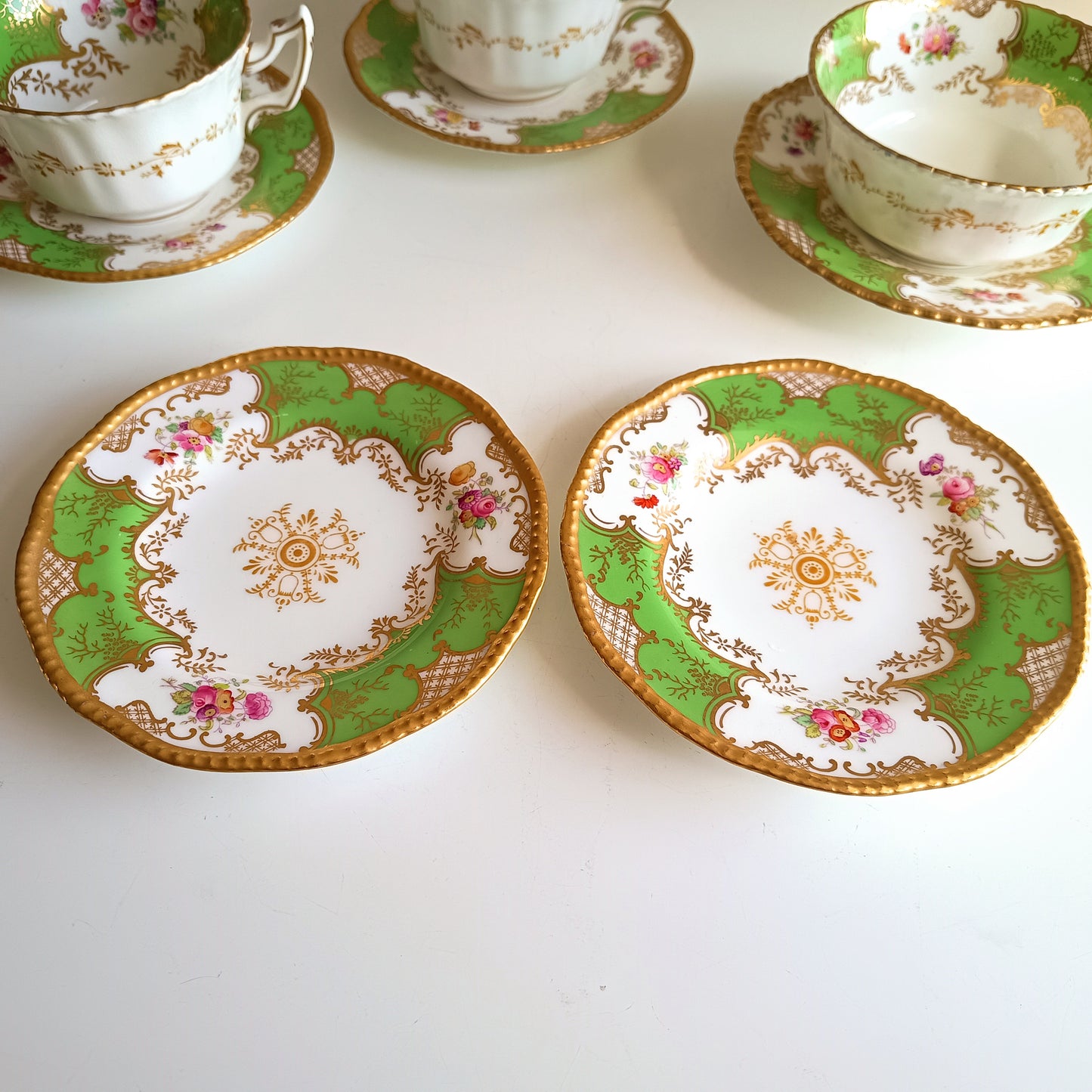 Antique Victorian English Batwing Coalport Part Tea Set for 2: Hand-painted Apple Green, 1890s