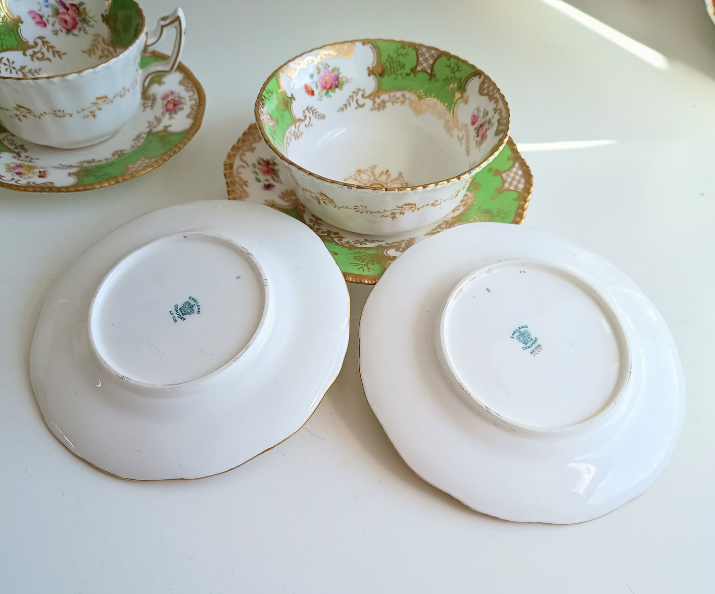 Antique Victorian English Batwing Coalport Part Tea Set for 2: Hand-painted Apple Green, 1890s
