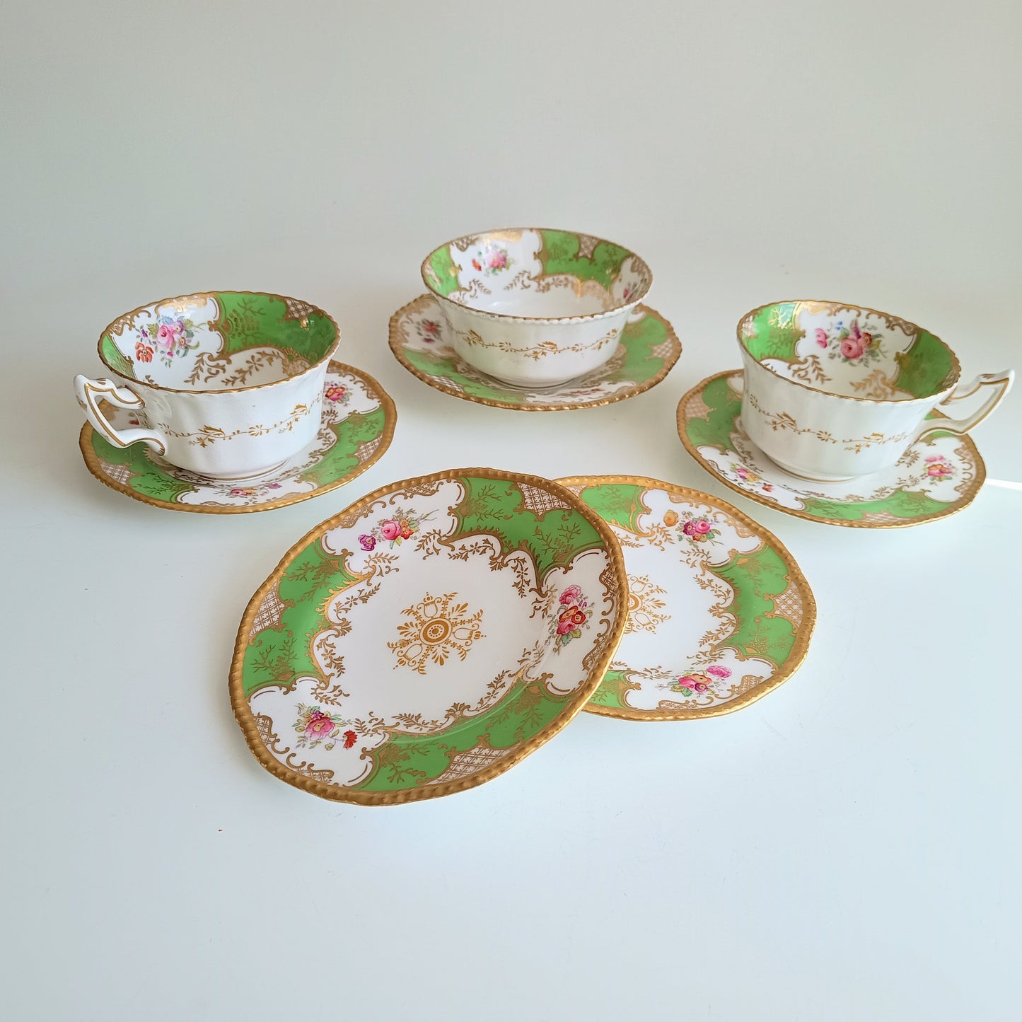 Antique Victorian English Batwing Coalport Part Tea Set for 2: Hand-painted Apple Green, 1890s