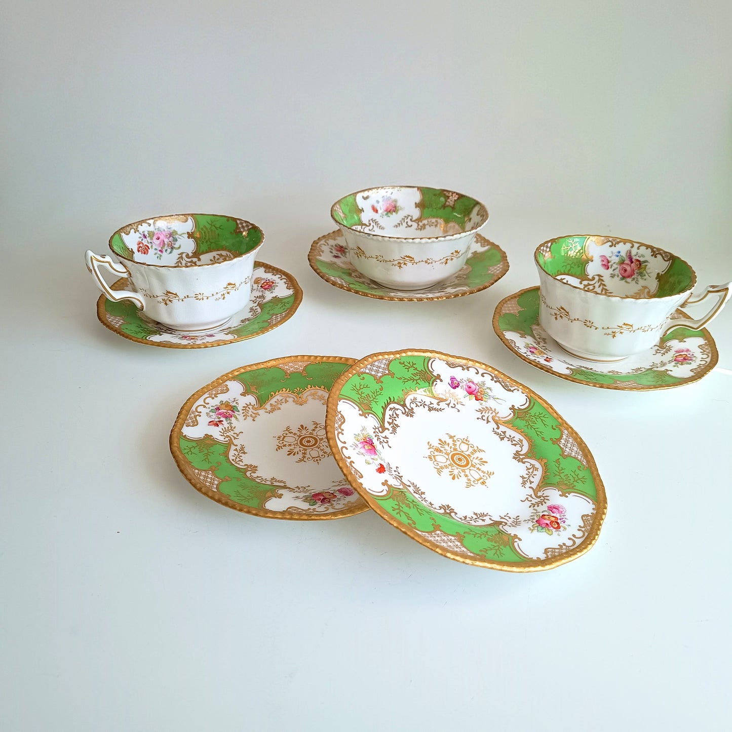 Antique Victorian English Batwing Coalport Part Tea Set for 2: Hand-painted Apple Green, 1890s