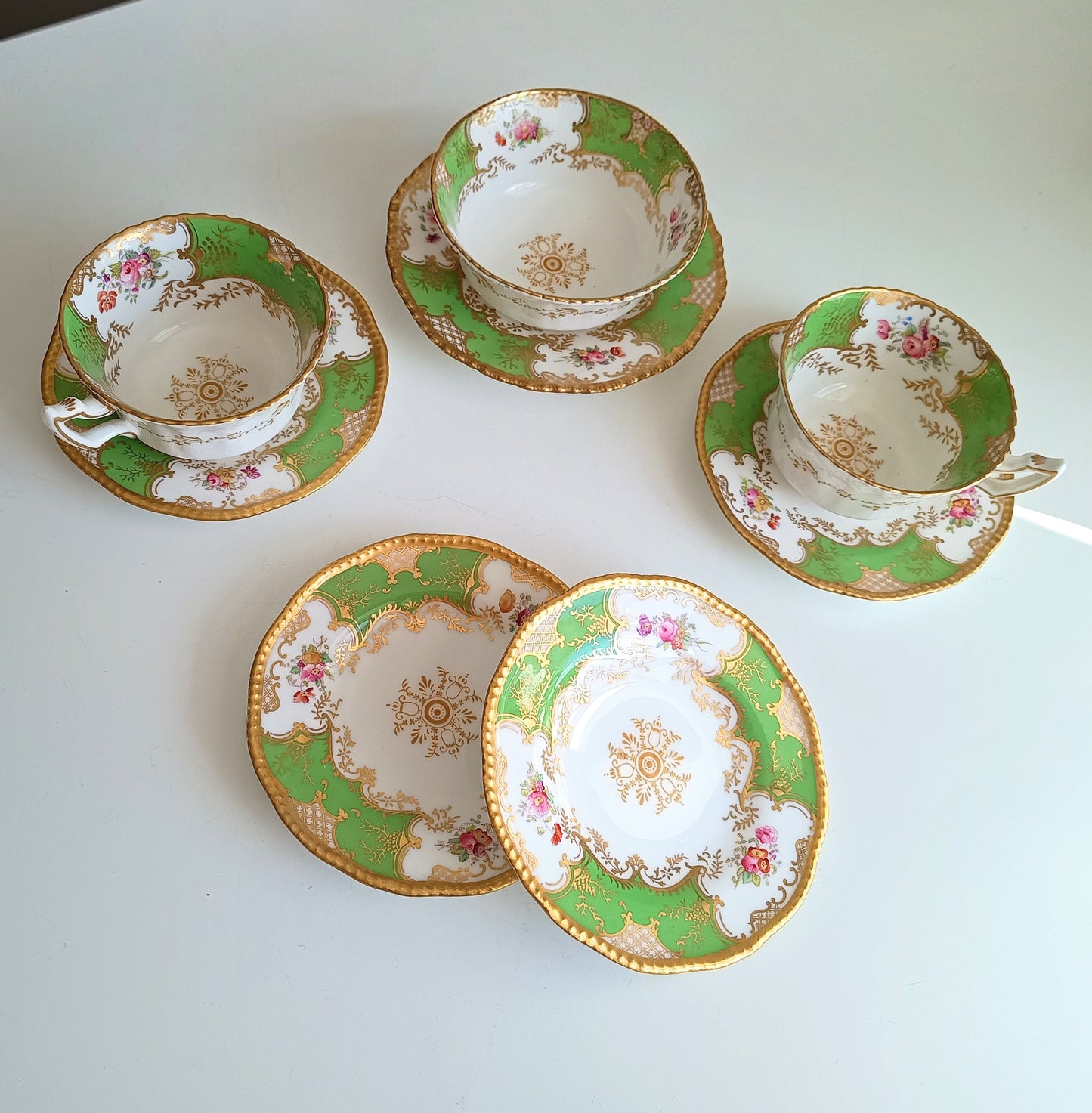 Antique Victorian English Batwing Coalport Part Tea Set for 2: Hand-painted Apple Green, 1890s