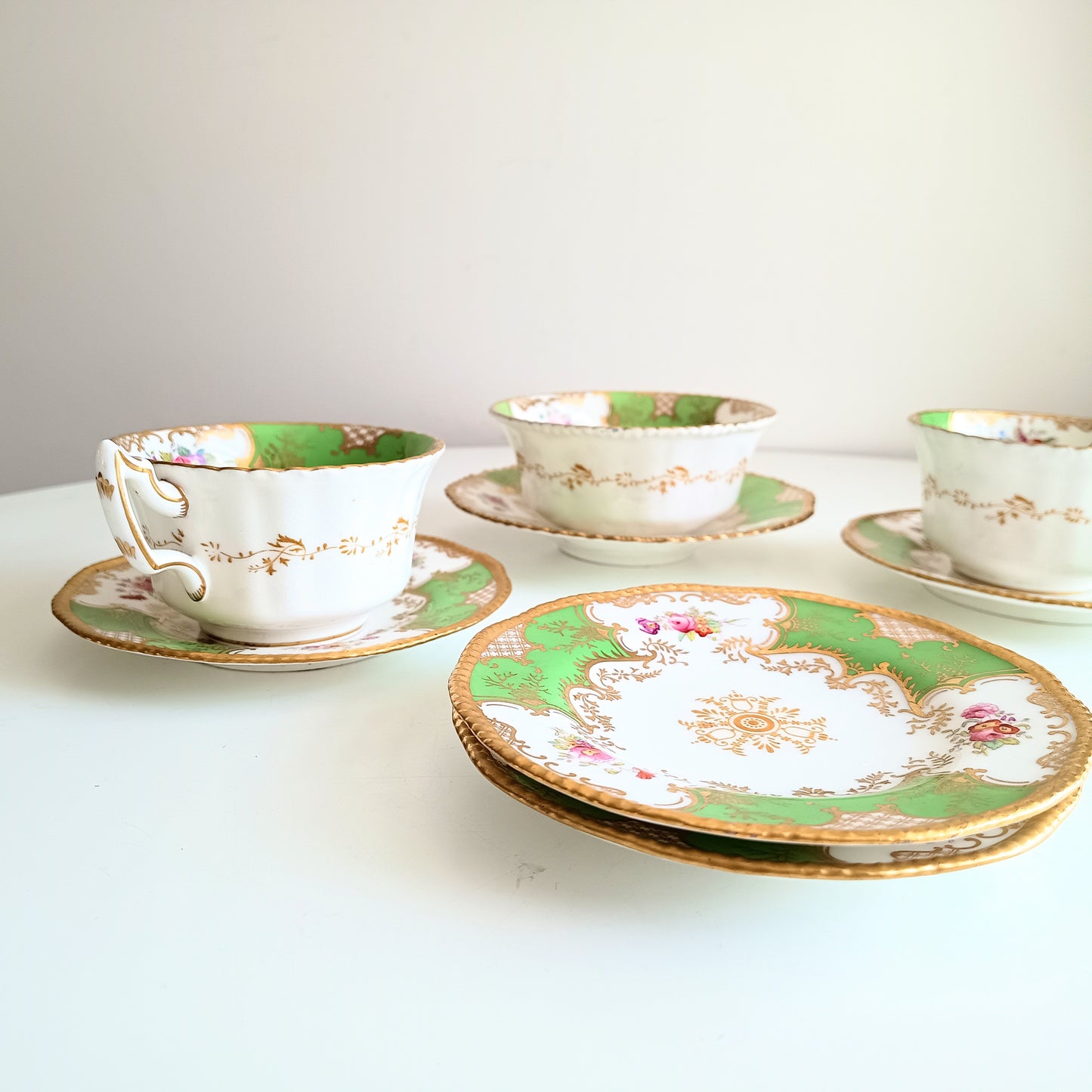 Antique Victorian English Batwing Coalport Part Tea Set for 2: Hand-painted Apple Green, 1890s