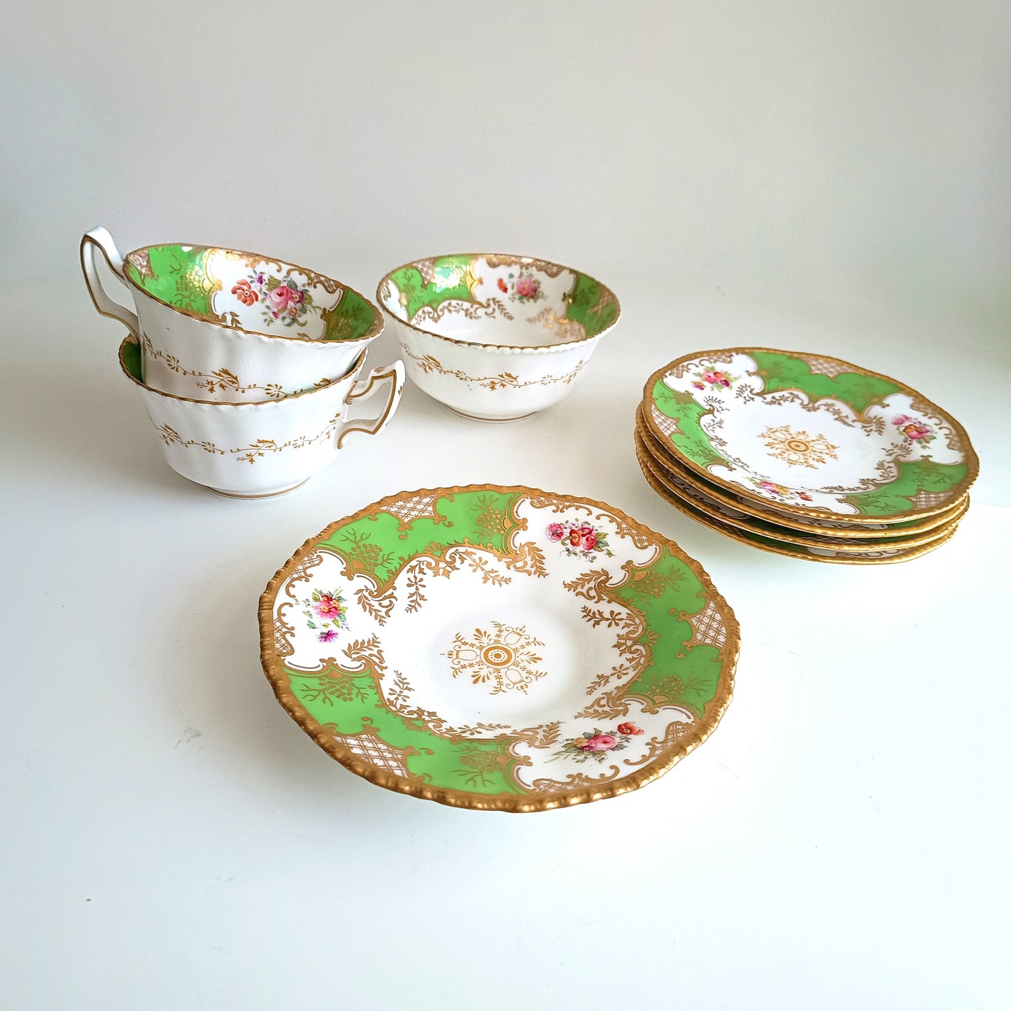 Antique Victorian English Batwing Coalport Part Tea Set for 2: Hand-painted Apple Green, 1890s