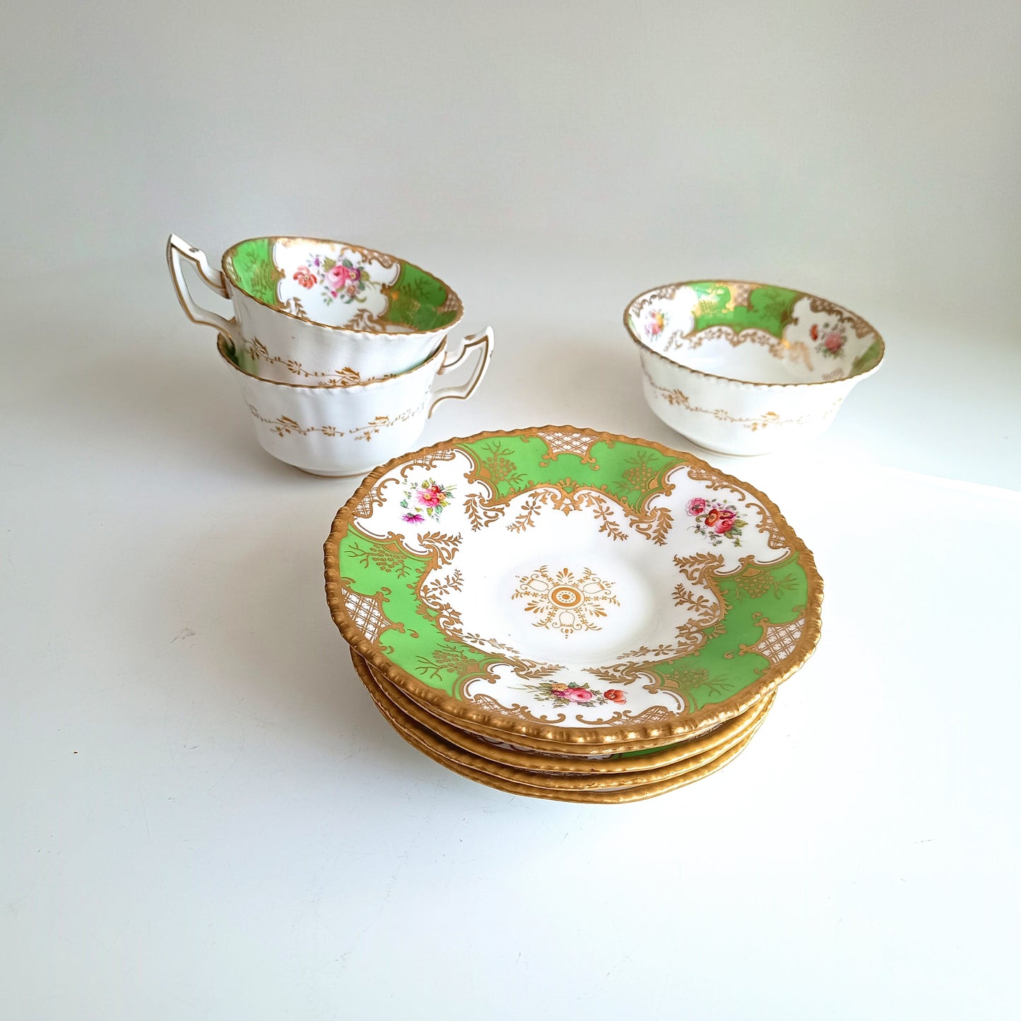 Antique Victorian English Batwing Coalport Part Tea Set for 2: Hand-painted Apple Green, 1890s