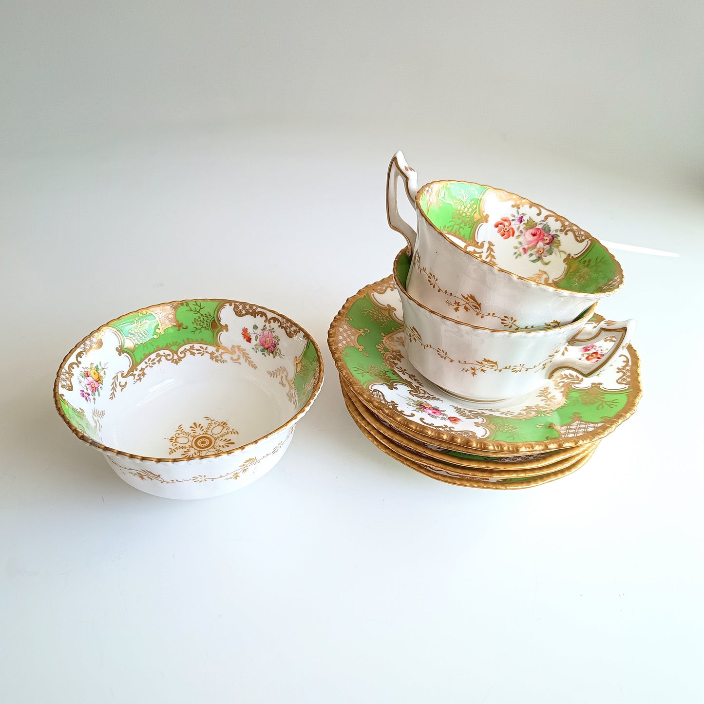 Antique Victorian English Batwing Coalport Part Tea Set for 2: Hand-painted Apple Green, 1890s