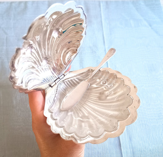 Vintage English Silver Plated Butter Oyster Shell Dish, Art Deco Frosted Glass Condiment Server