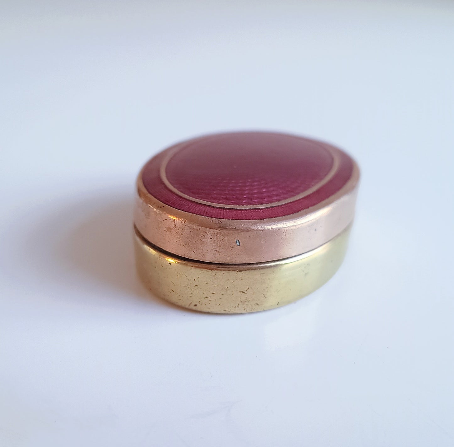 Antique Fuchsia Pink Guilloche Enamel Snuff box: Engine Turned Copper Gilt, c 1900
