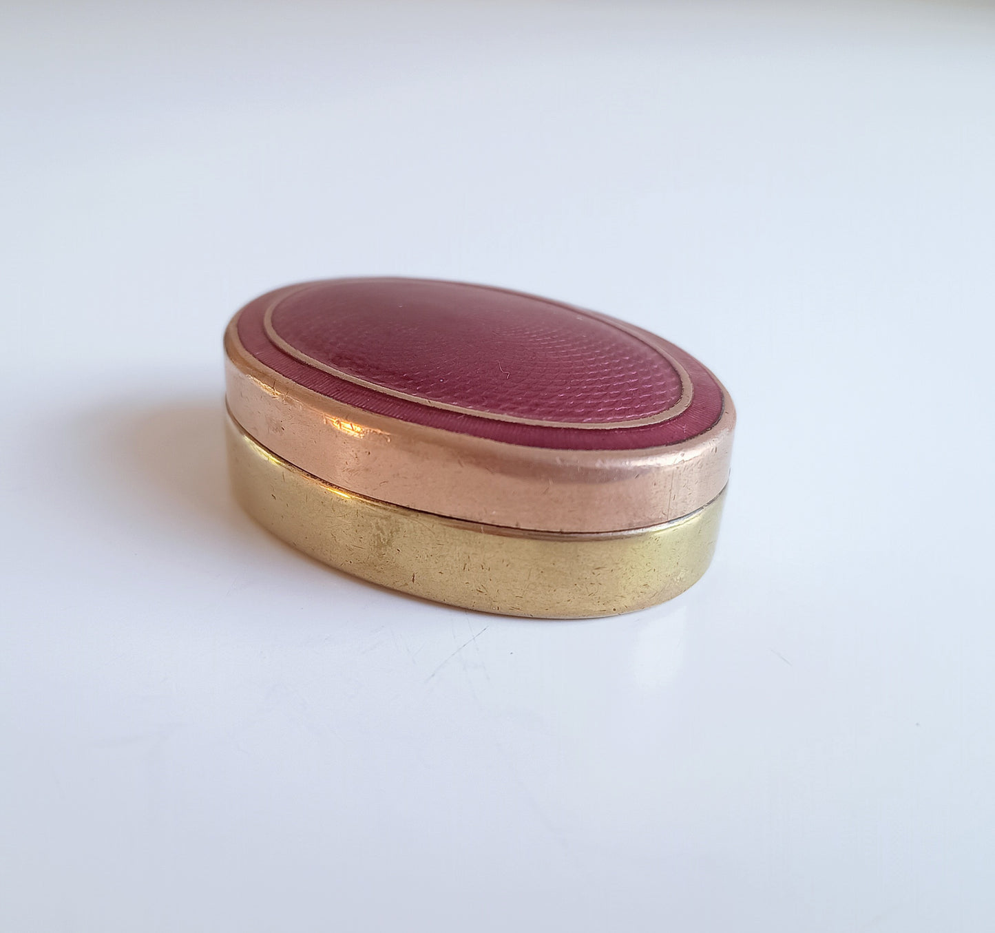 Antique Fuchsia Pink Guilloche Enamel Snuff box: Engine Turned Copper Gilt, c 1900