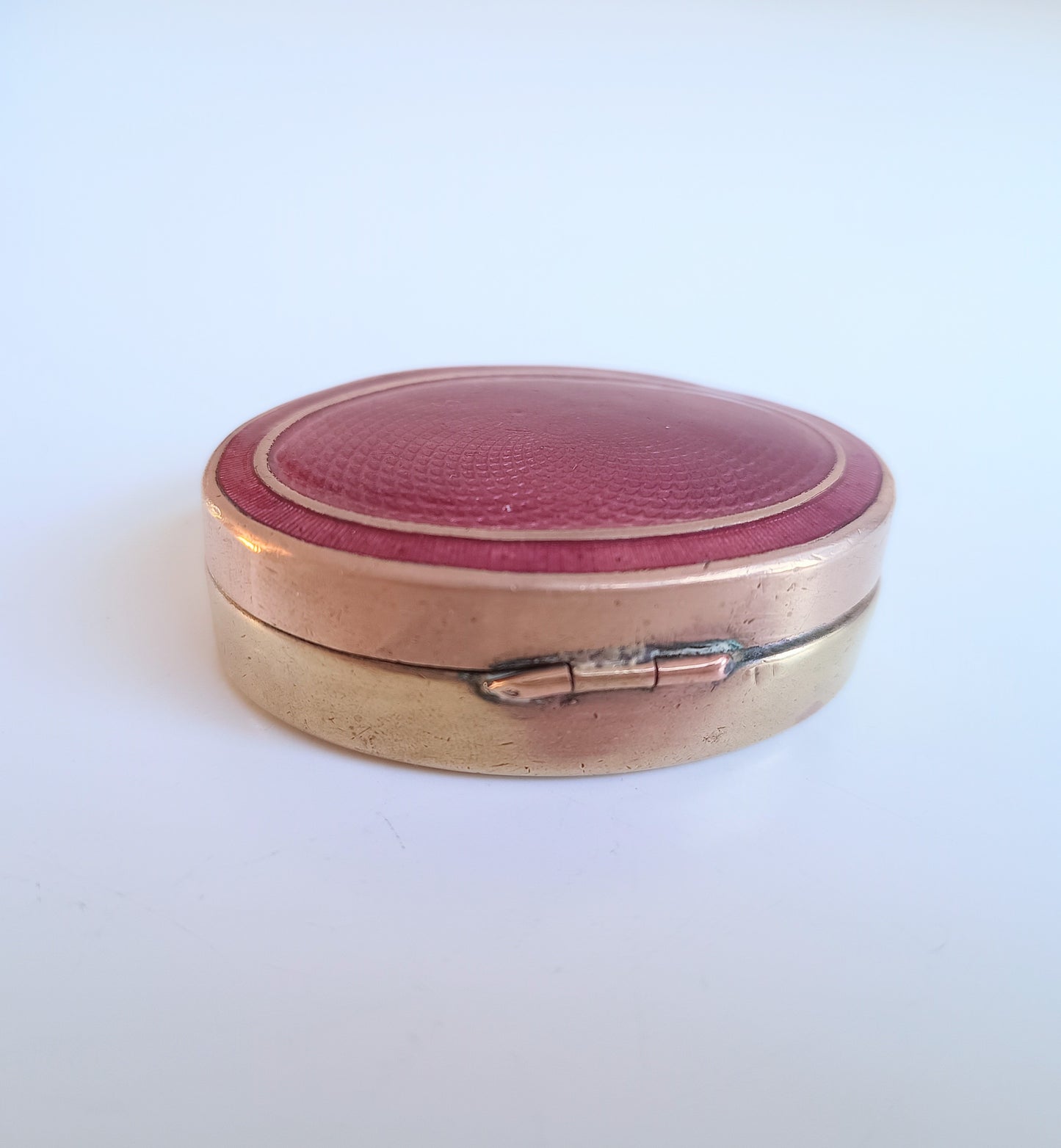 Antique Fuchsia Pink Guilloche Enamel Snuff box: Engine Turned Copper Gilt, c 1900