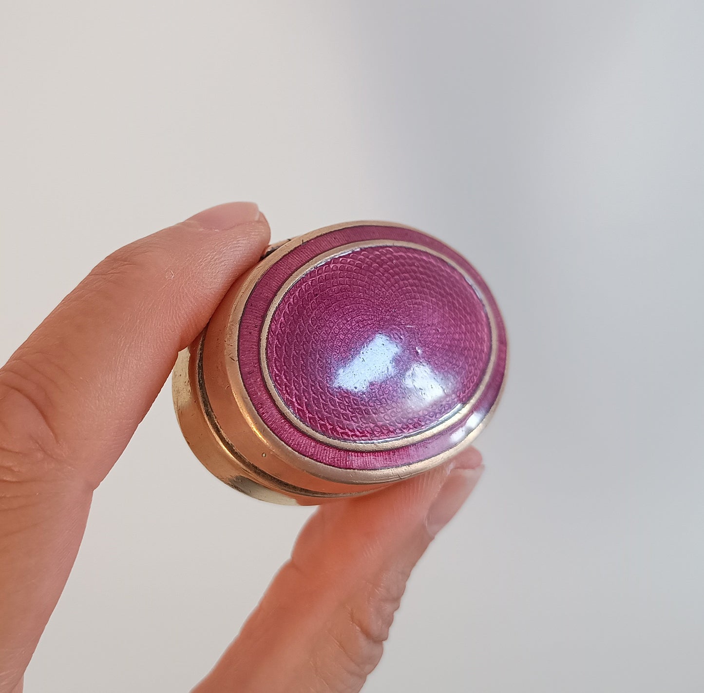 Antique Fuchsia Pink Guilloche Enamel Snuff box: Engine Turned Copper Gilt, c 1900