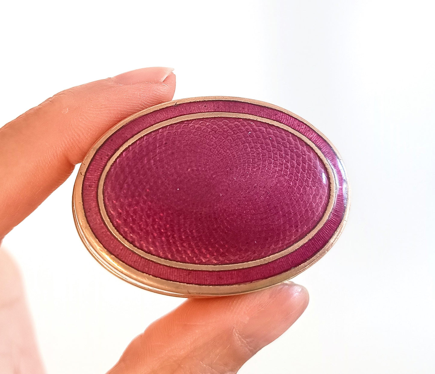 Antique Fuchsia Pink Guilloche Enamel Snuff box: Engine Turned Copper Gilt, c 1900