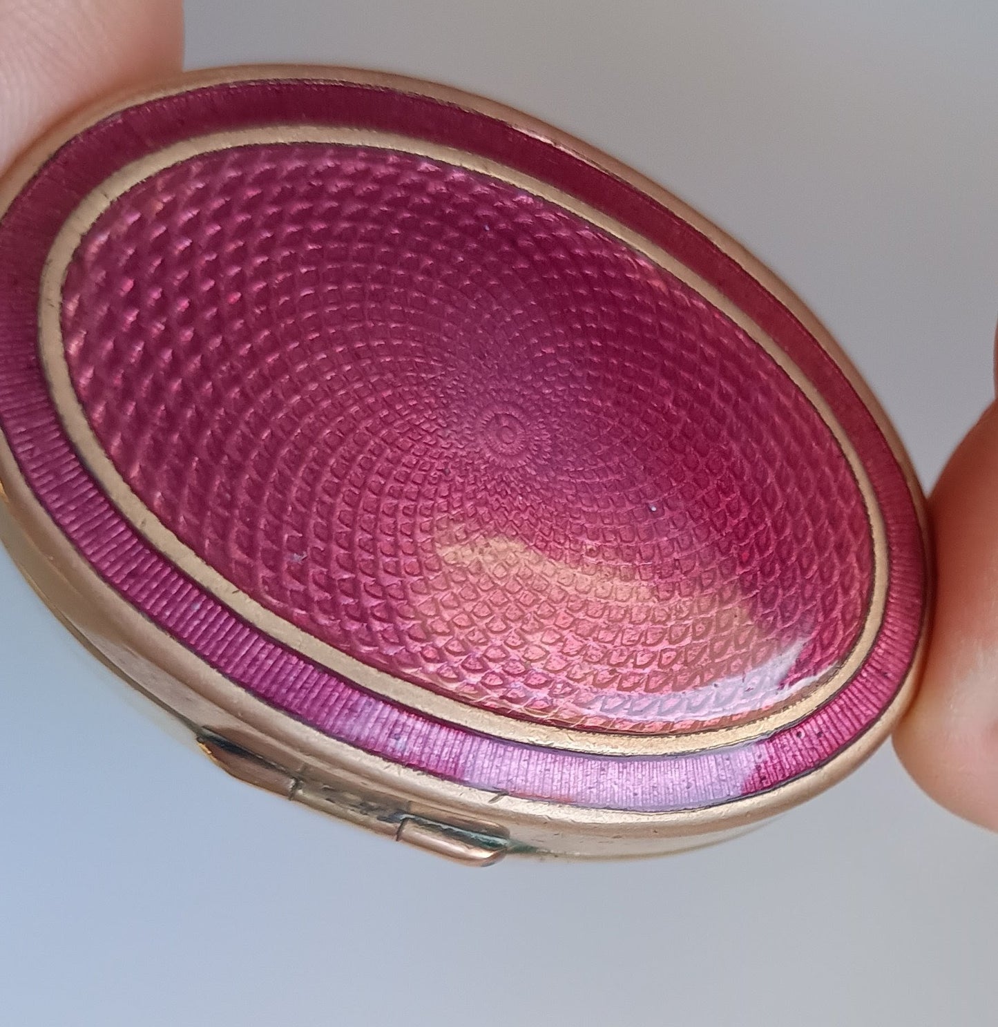 Antique Fuchsia Pink Guilloche Enamel Snuff box: Engine Turned Copper Gilt, c 1900