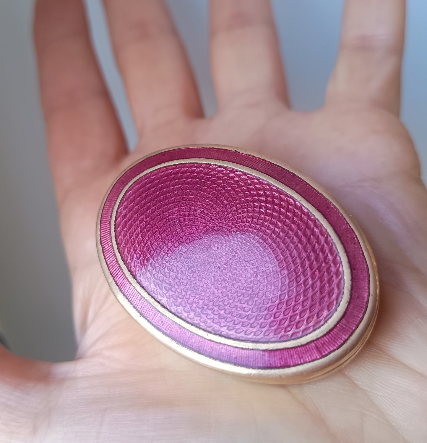 Antique Fuchsia Pink Guilloche Enamel Snuff box: Engine Turned Copper Gilt, c 1900