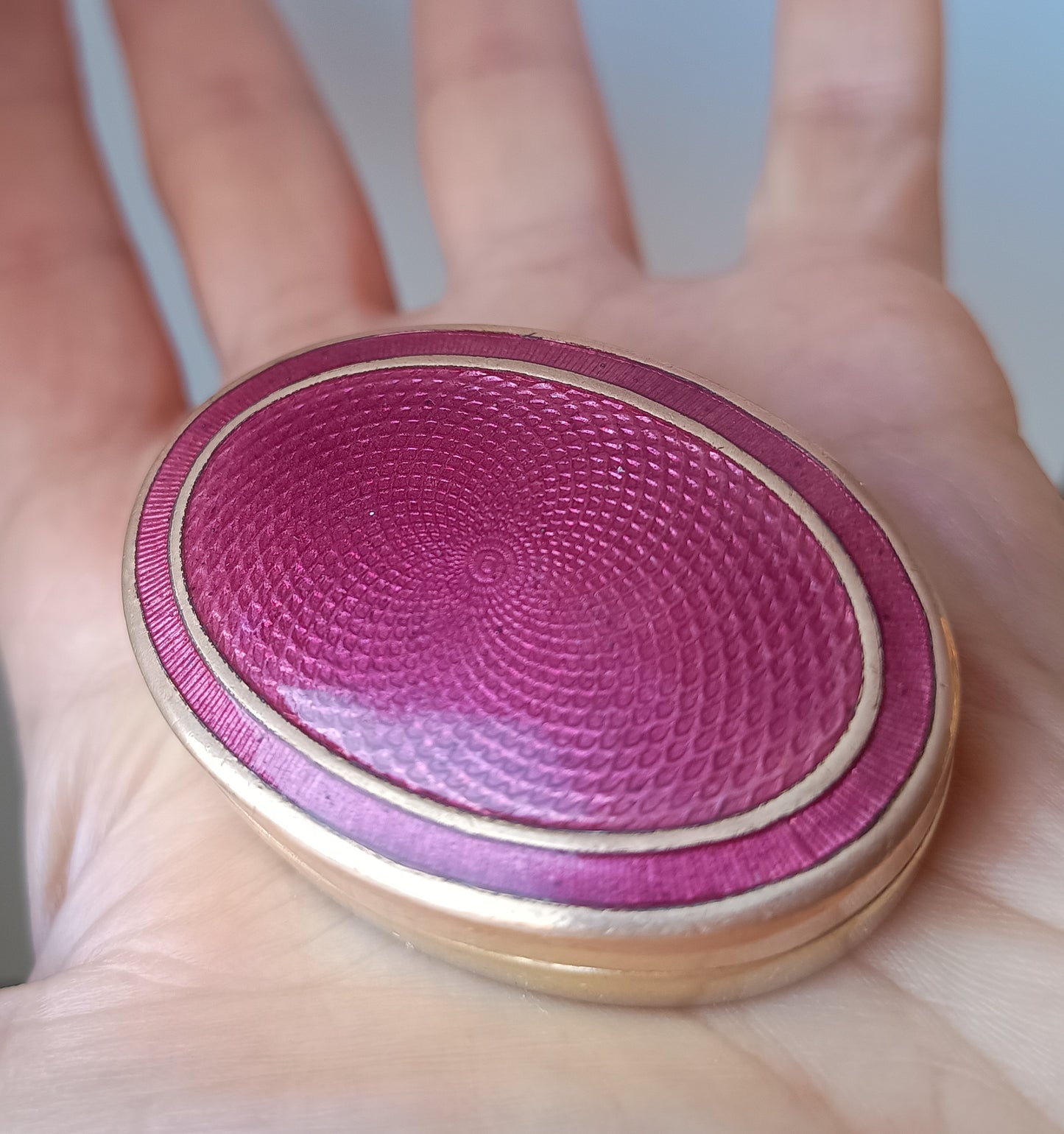 Antique Fuchsia Pink Guilloche Enamel Snuff box: Engine Turned Copper Gilt, c 1900