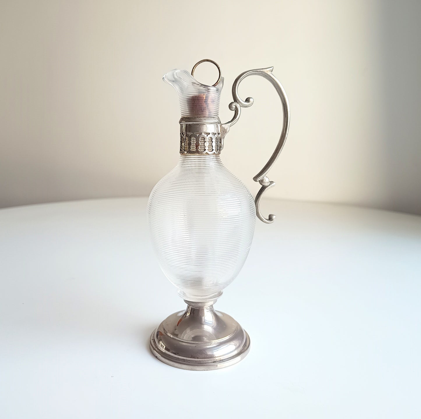 Antique Continental Pewter & Ribbed Optic Glass Small Claret Jug – 7" Liqueur Carafon, 1900