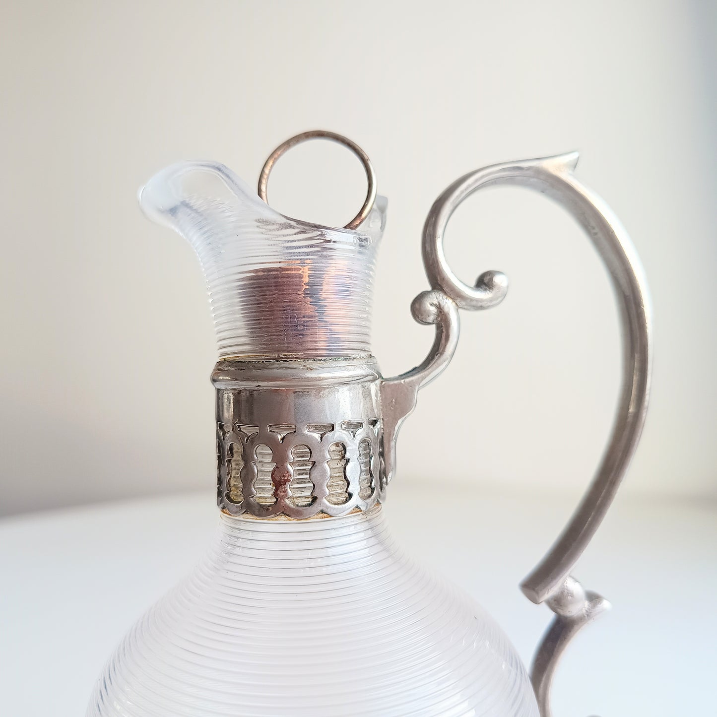 Antique Continental Pewter & Ribbed Optic Glass Small Claret Jug – 7" Liqueur Carafon, 1900