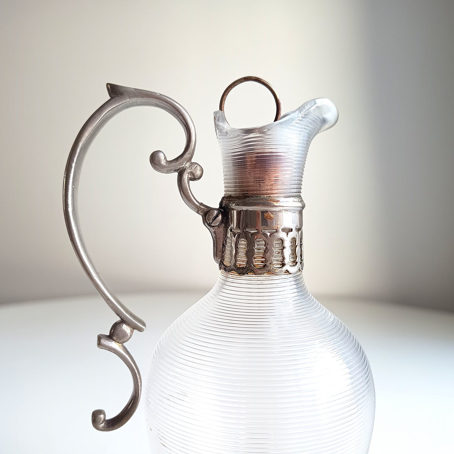 Antique Continental Pewter & Ribbed Optic Glass Small Claret Jug – 7" Liqueur Carafon, 1900