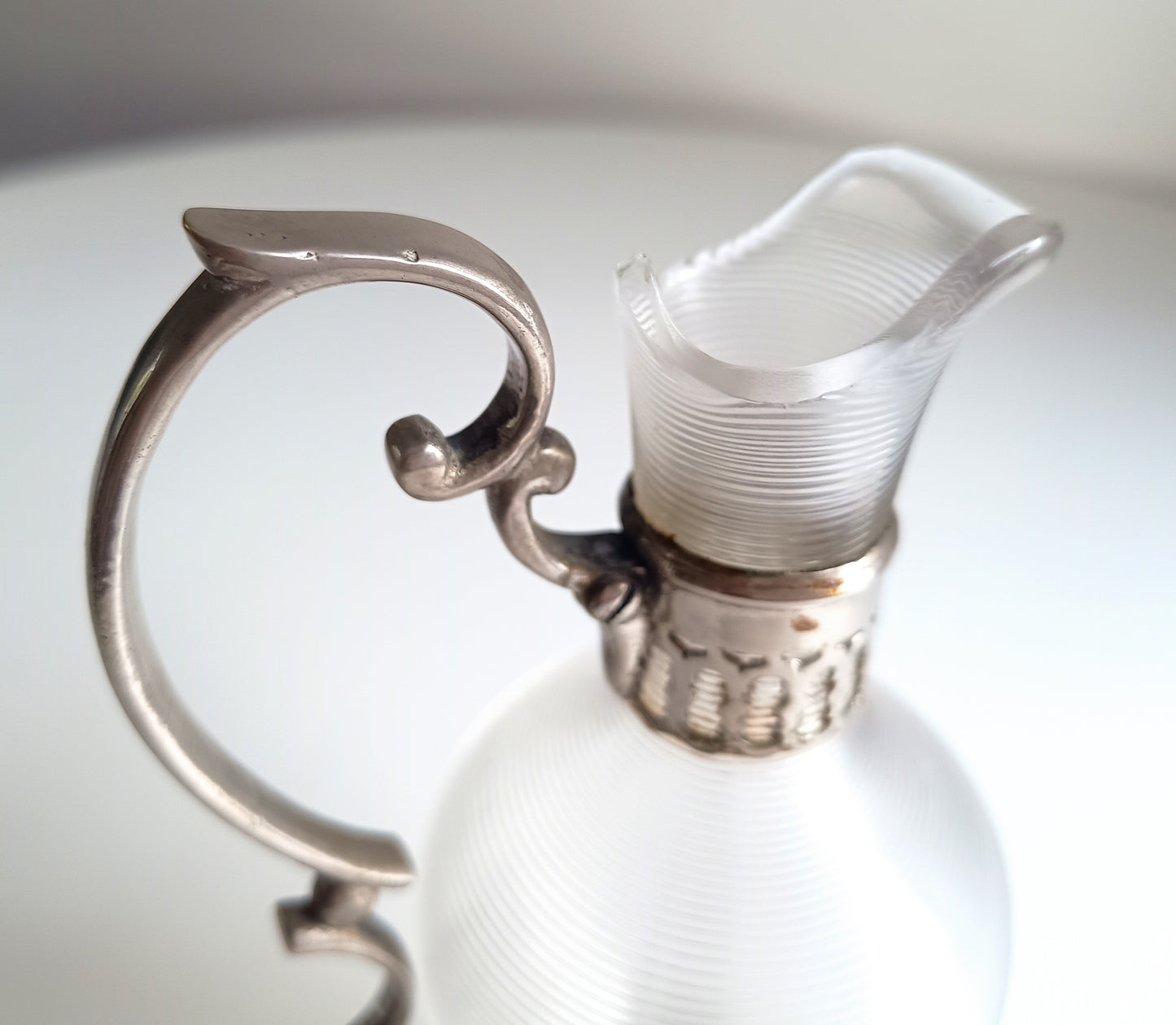 Antique Continental Pewter & Ribbed Optic Glass Small Claret Jug – 7" Liqueur Carafon, 1900