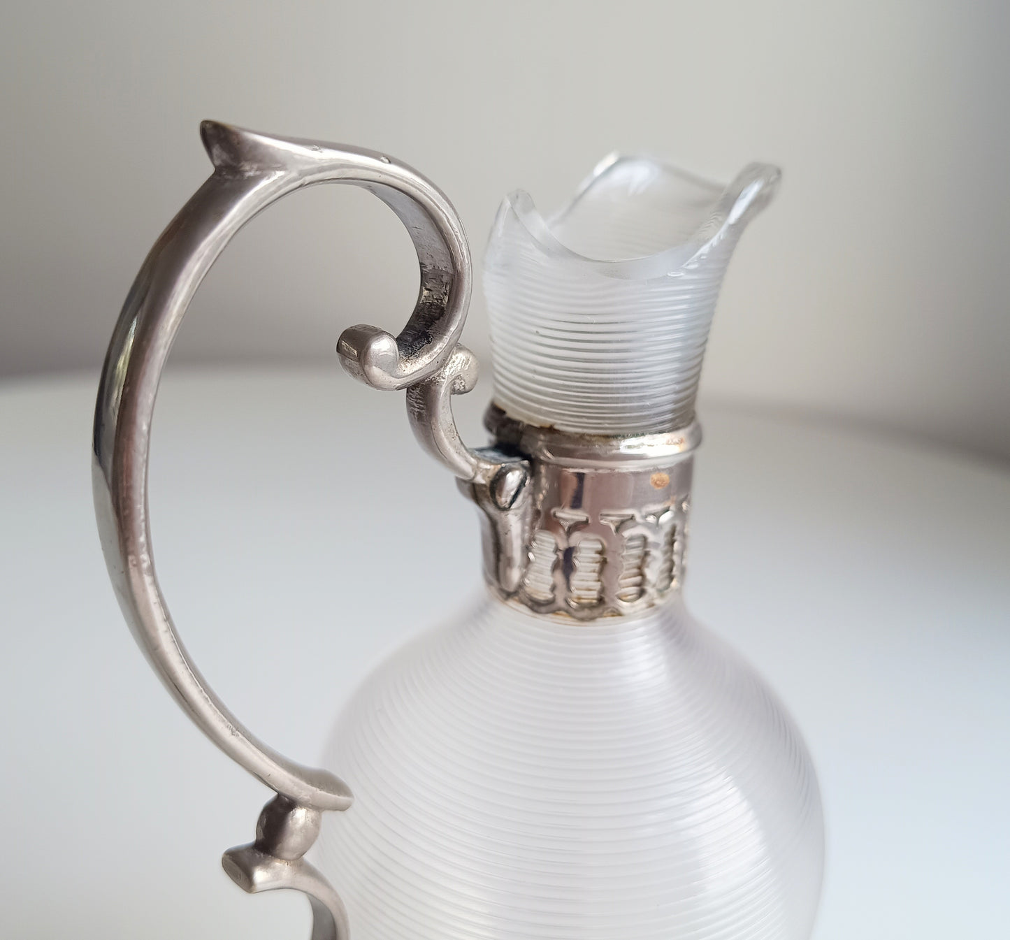 Antique Continental Pewter & Ribbed Optic Glass Small Claret Jug – 7" Liqueur Carafon, 1900