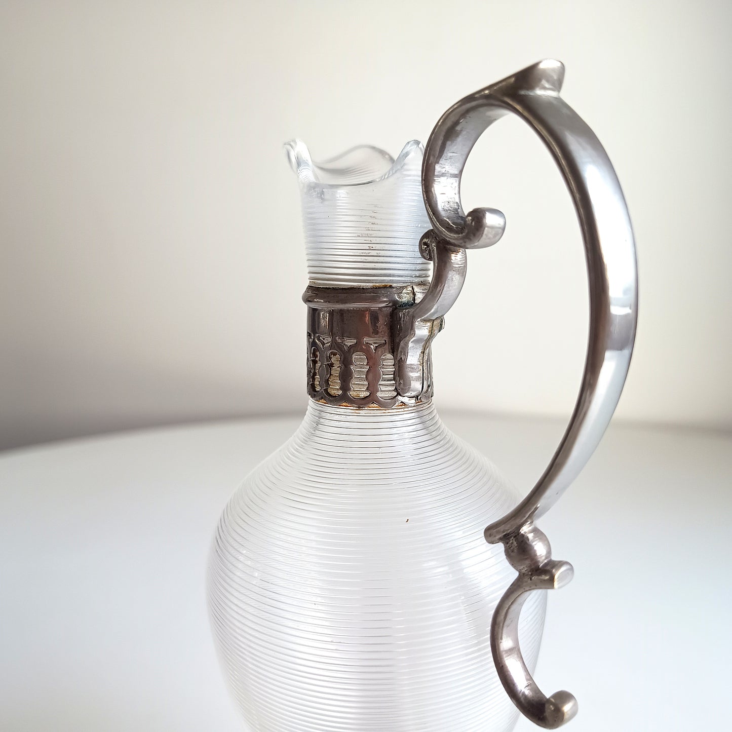 Antique Continental Pewter & Ribbed Optic Glass Small Claret Jug – 7" Liqueur Carafon, 1900