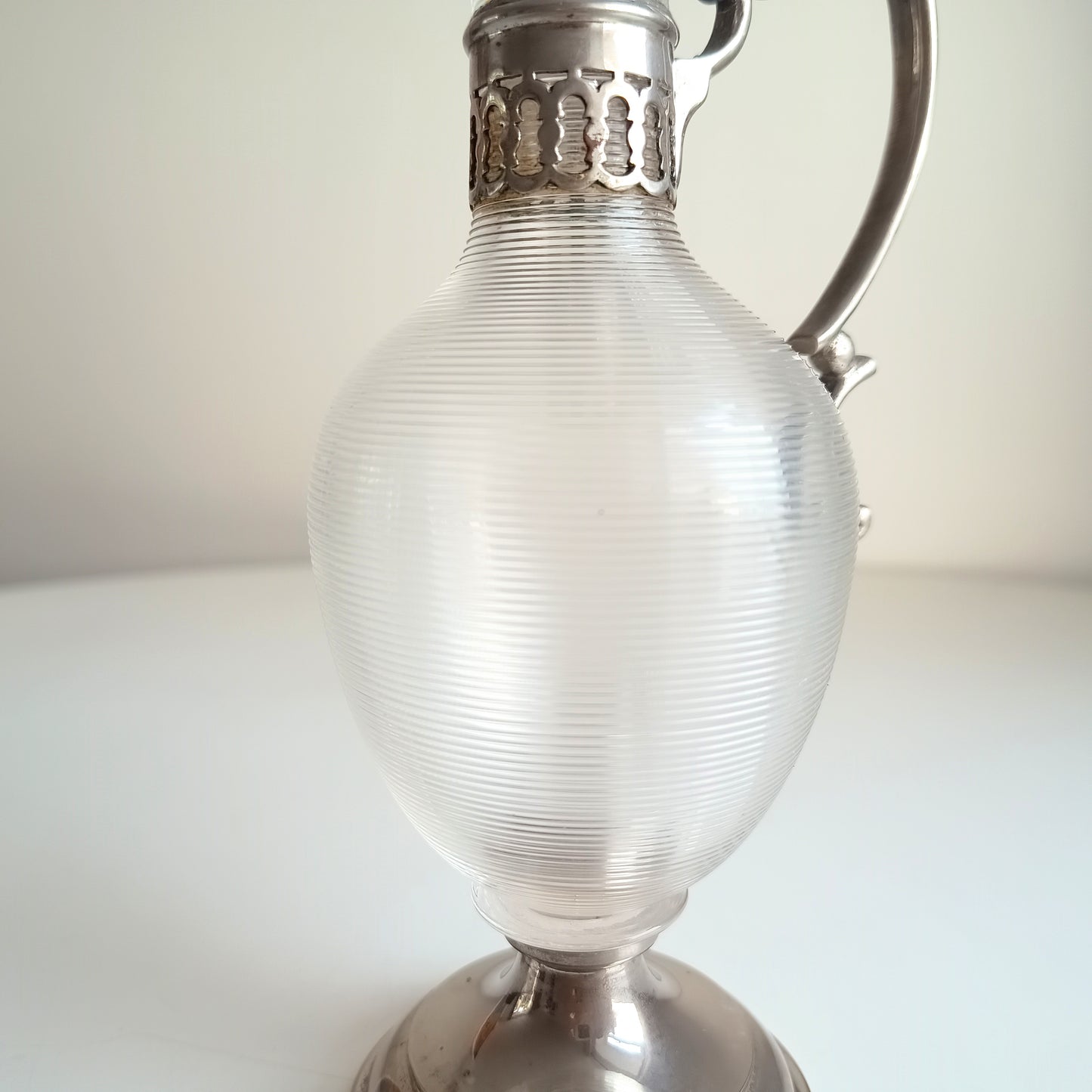 Antique Continental Pewter & Ribbed Optic Glass Small Claret Jug – 7" Liqueur Carafon, 1900