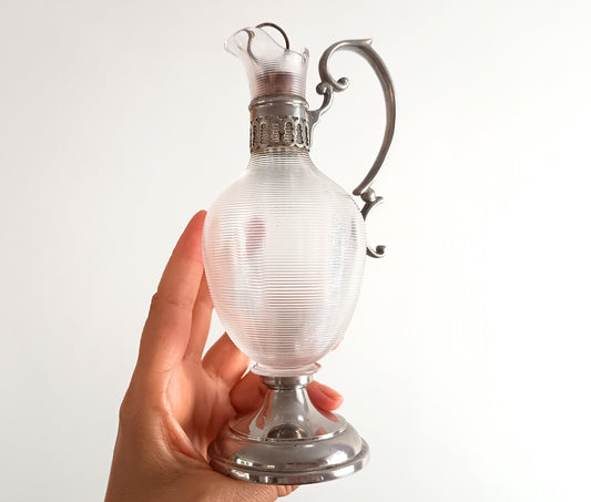 Antique Continental Pewter & Ribbed Optic Glass Small Claret Jug – 7" Liqueur Carafon, 1900