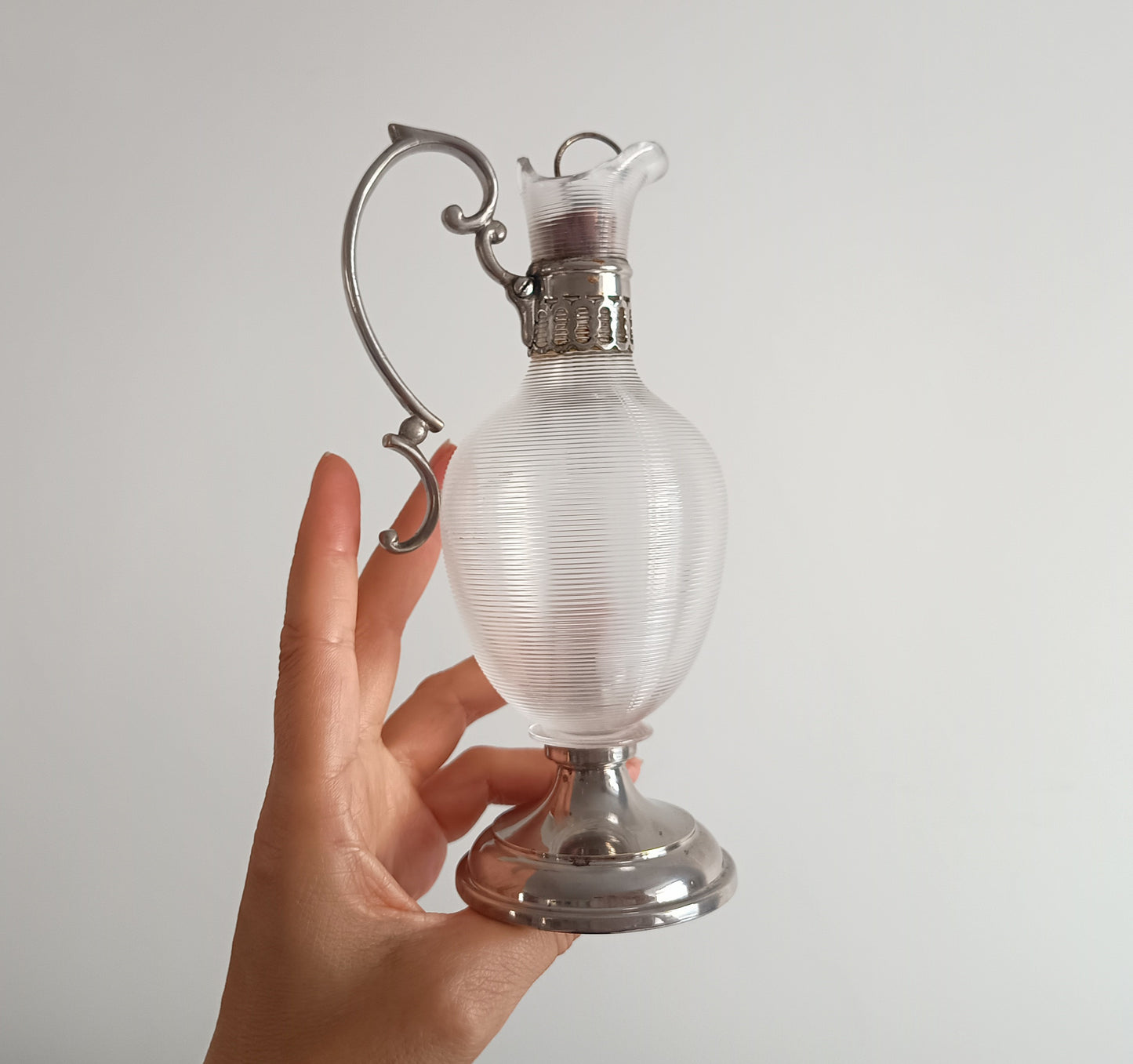 Antique Continental Pewter & Ribbed Optic Glass Small Claret Jug – 7" Liqueur Carafon, 1900