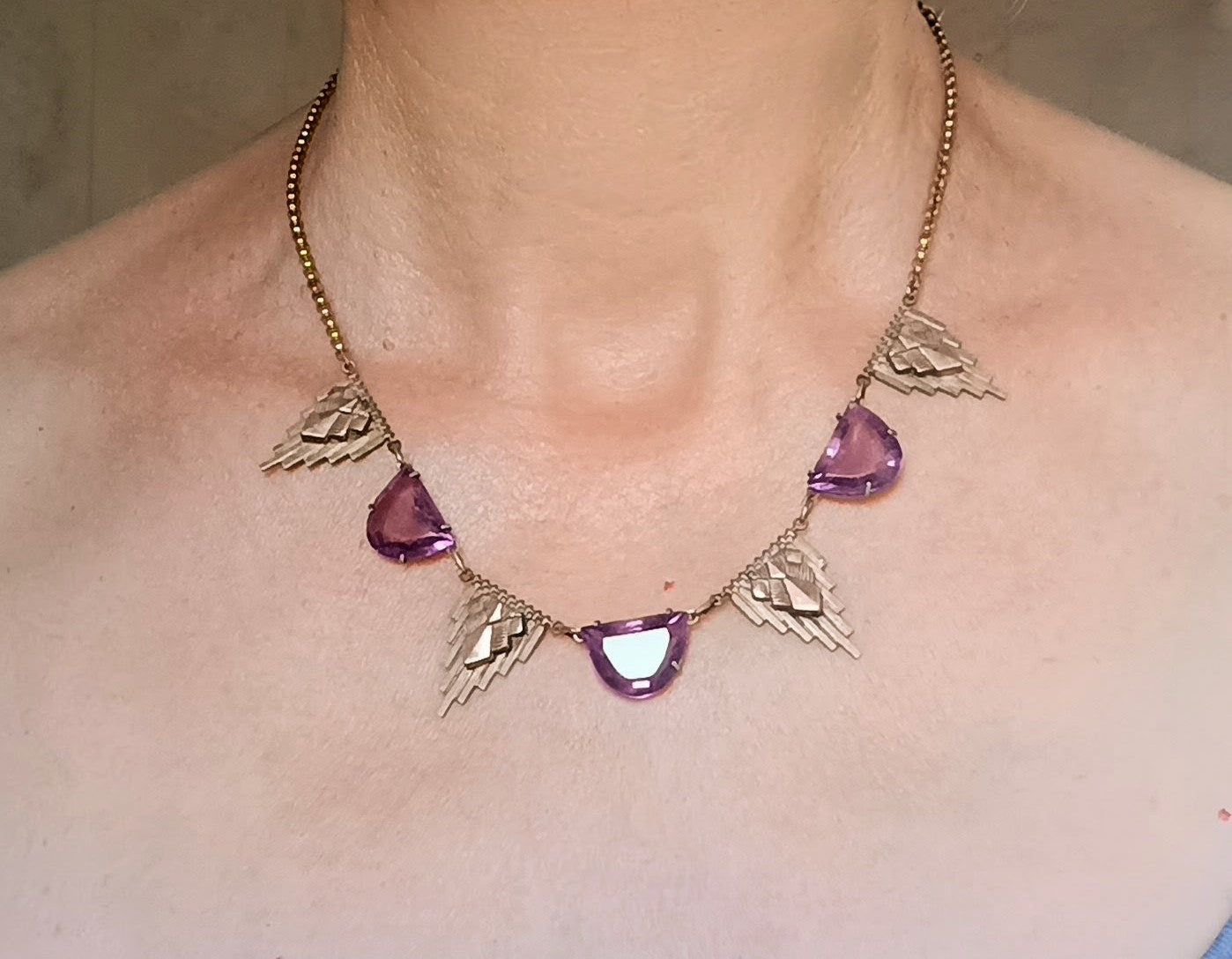 Antique Egyptomania Art Deco Amethyst Glass Festoon Necklace, Pyramid Motif, Authentic 1920s
