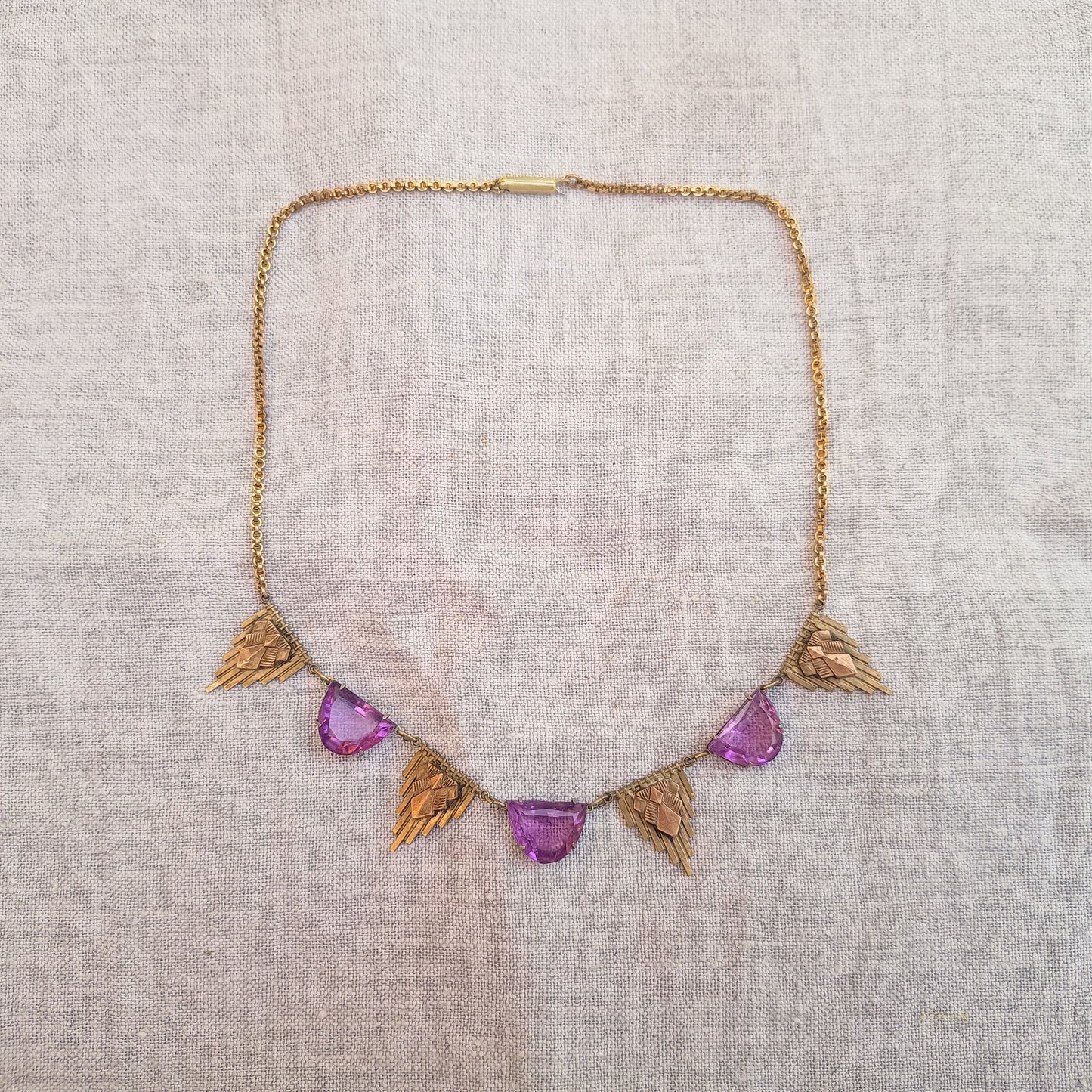 Antique Egyptomania Art Deco Amethyst Glass Festoon Necklace, Pyramid Motif, Authentic 1920s