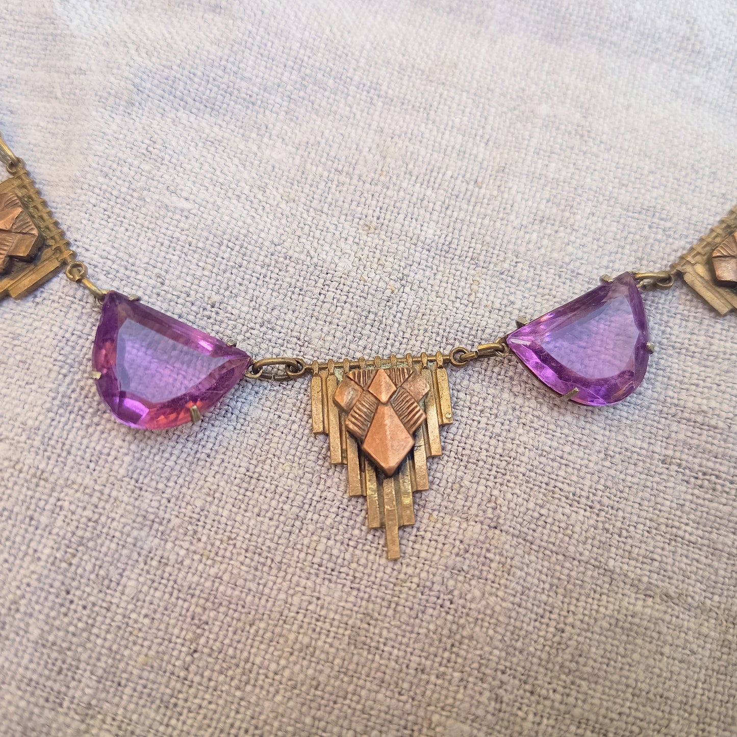 Antique Egyptomania Art Deco Amethyst Glass Festoon Necklace, Pyramid Motif, Authentic 1920s