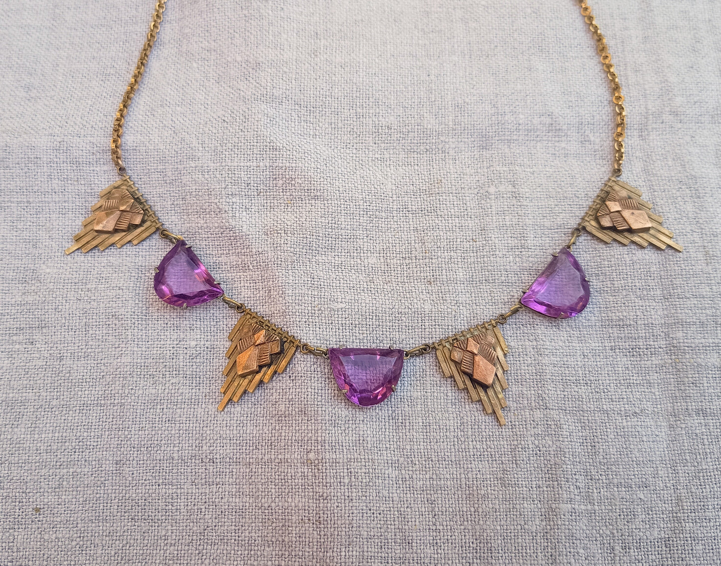 Antique Egyptomania Art Deco Amethyst Glass Festoon Necklace, Pyramid Motif, Authentic 1920s