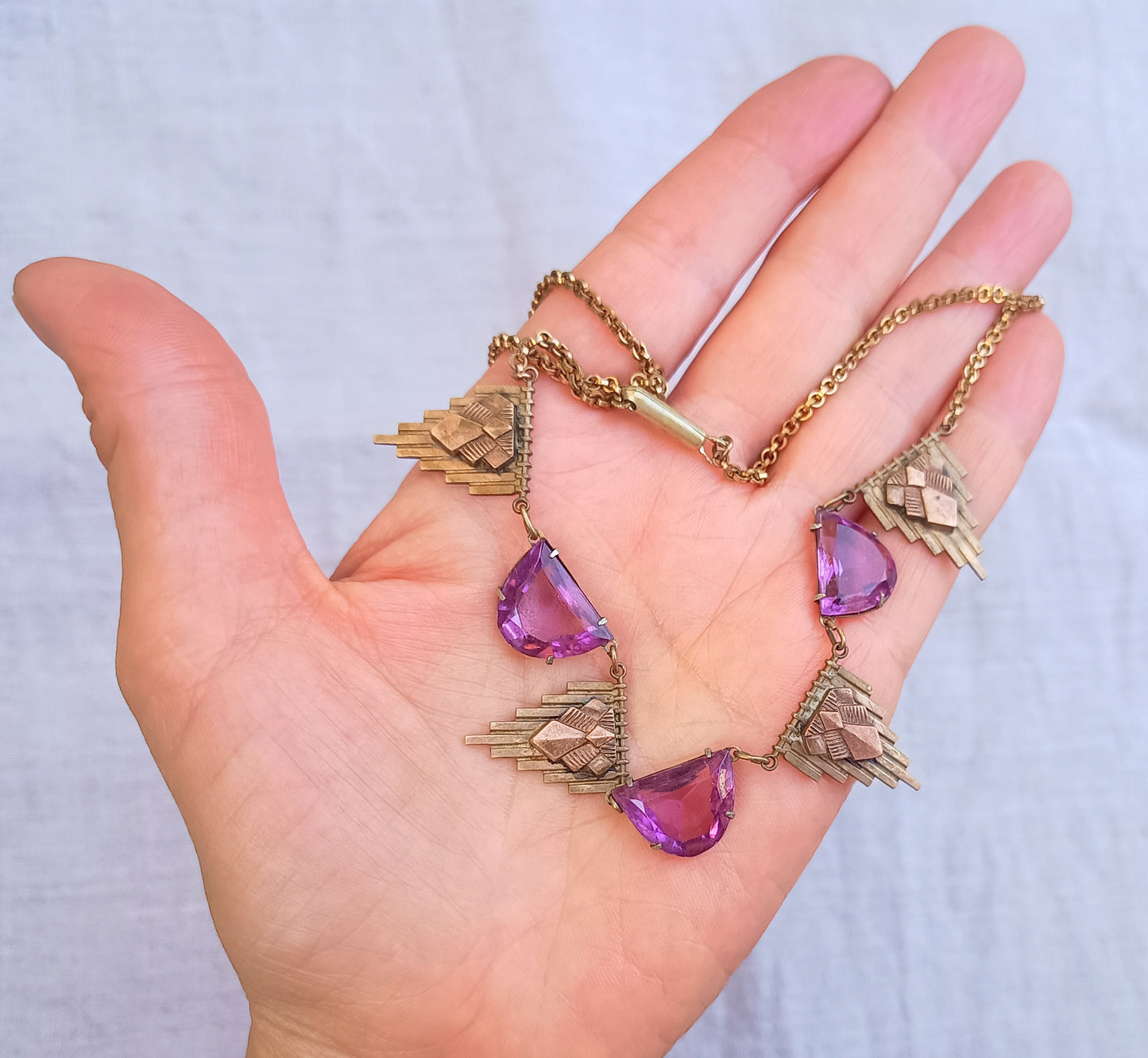 Antique Egyptomania Art Deco Amethyst Glass Festoon Necklace, Pyramid Motif, Authentic 1920s