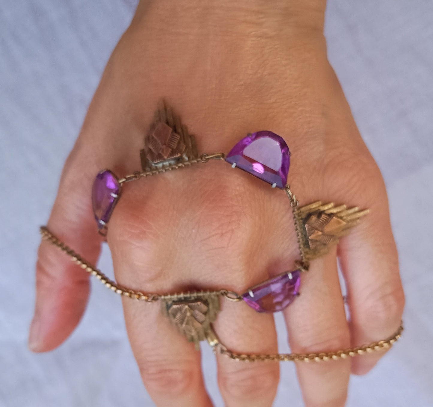 Antique Egyptomania Art Deco Amethyst Glass Festoon Necklace, Pyramid Motif, Authentic 1920s