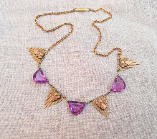 Antique Egyptomania Art Deco Amethyst Glass Festoon Necklace, Pyramid Motif, Authentic 1920s