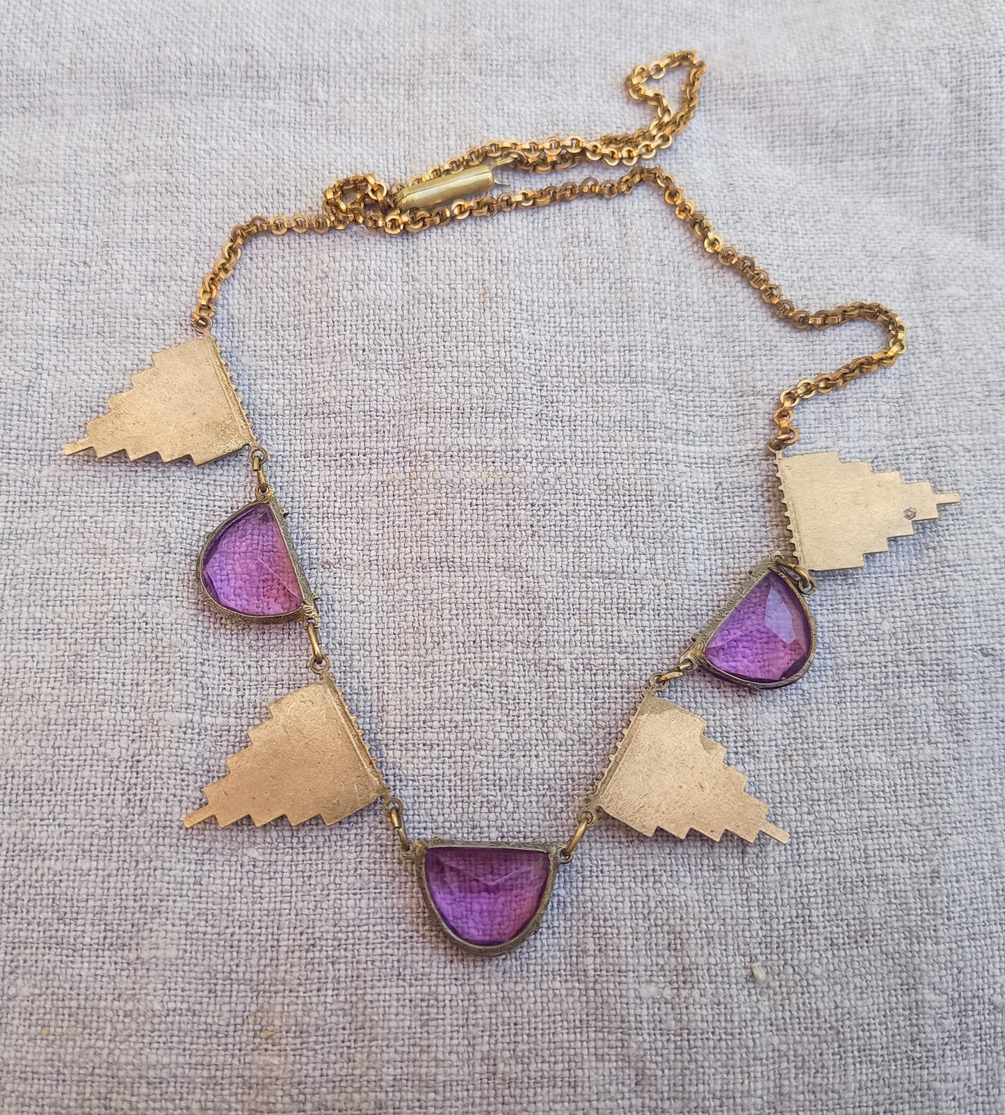 Antique Egyptomania Art Deco Amethyst Glass Festoon Necklace, Pyramid Motif, Authentic 1920s