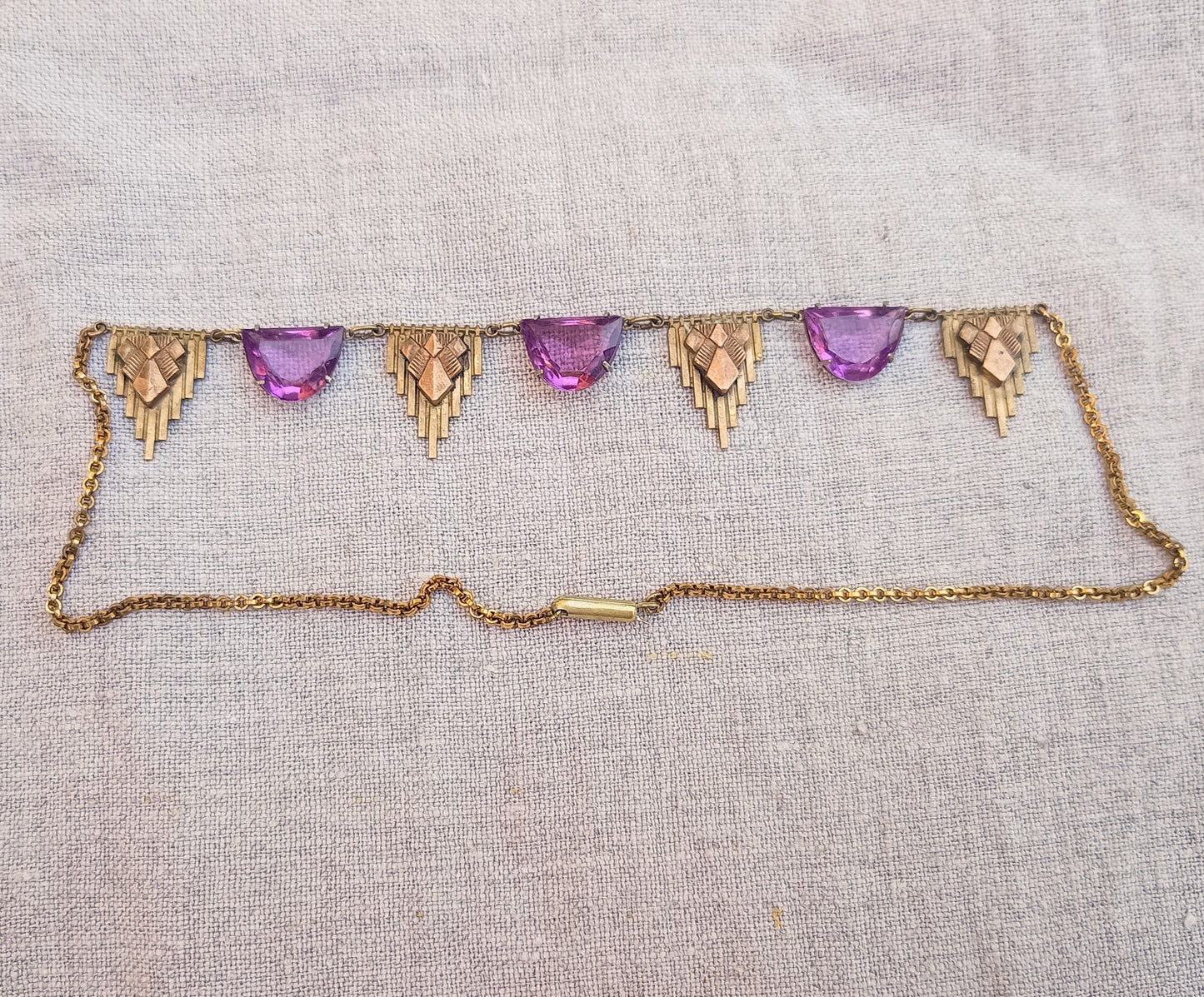 Antique Egyptomania Art Deco Amethyst Glass Festoon Necklace, Pyramid Motif, Authentic 1920s