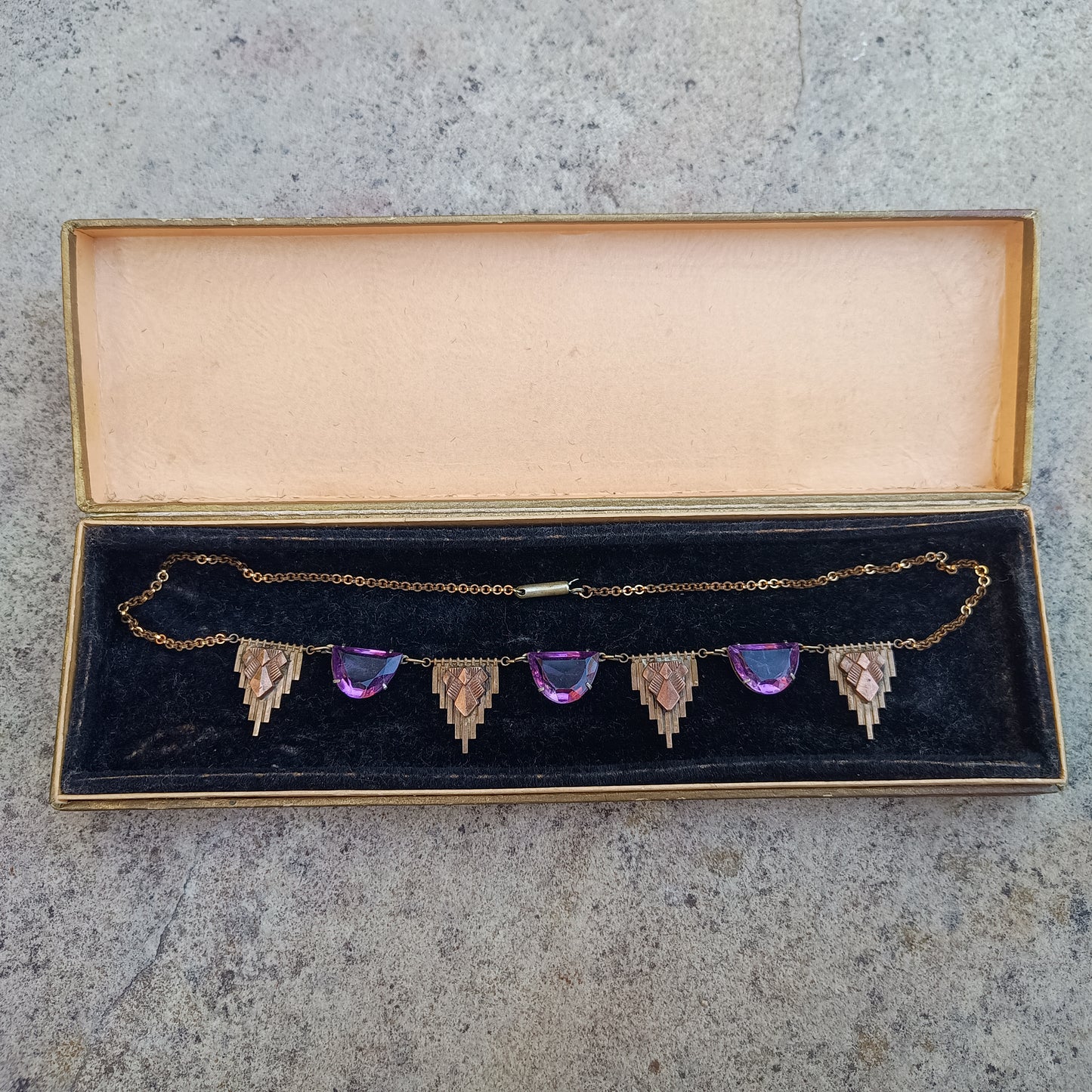Antique Egyptomania Art Deco Amethyst Glass Festoon Necklace, Pyramid Motif, Authentic 1920s