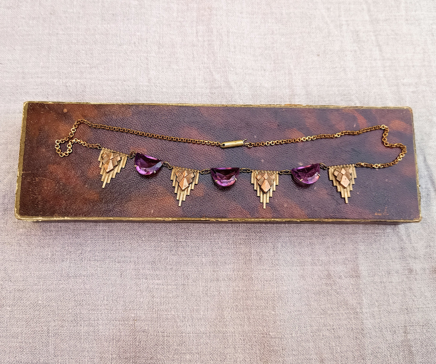 Antique Egyptomania Art Deco Amethyst Glass Festoon Necklace, Pyramid Motif, Authentic 1920s
