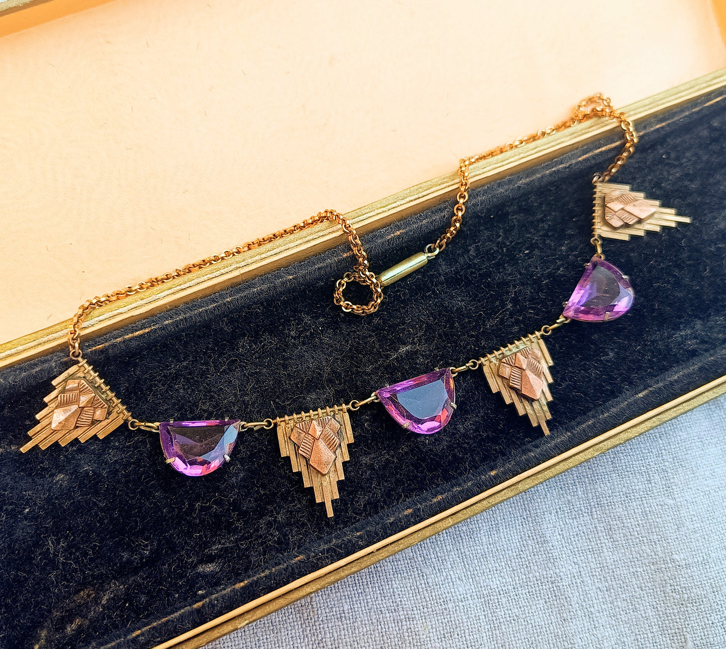 Antique Egyptomania Art Deco Amethyst Glass Festoon Necklace, Pyramid Motif, Authentic 1920s