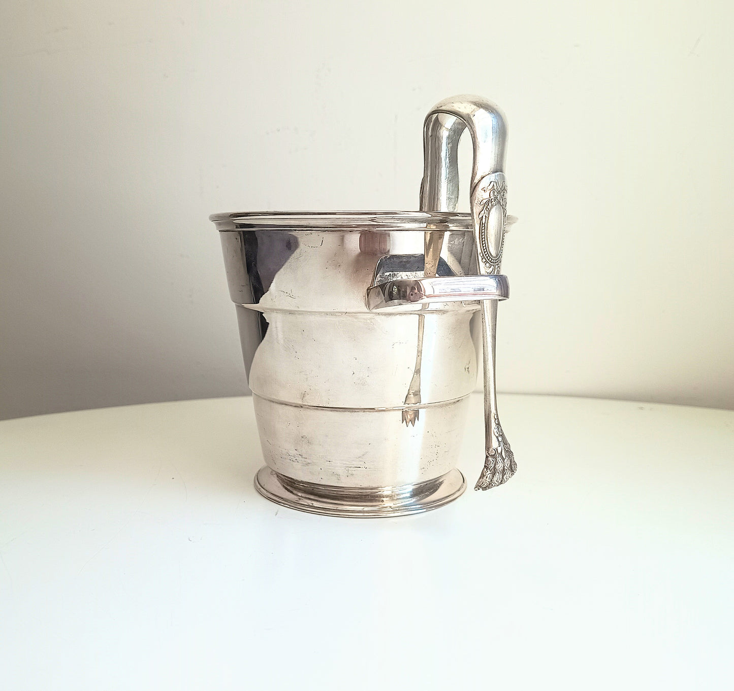 Vintage Art Deco English Silver Plate  Wine Bottle Cooler Ice Bucket; Claw Ice Tongs