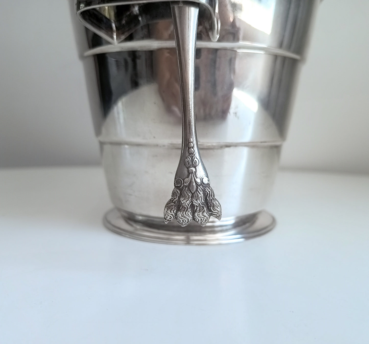 Vintage Art Deco English Silver Plate  Wine Bottle Cooler Ice Bucket; Claw Ice Tongs