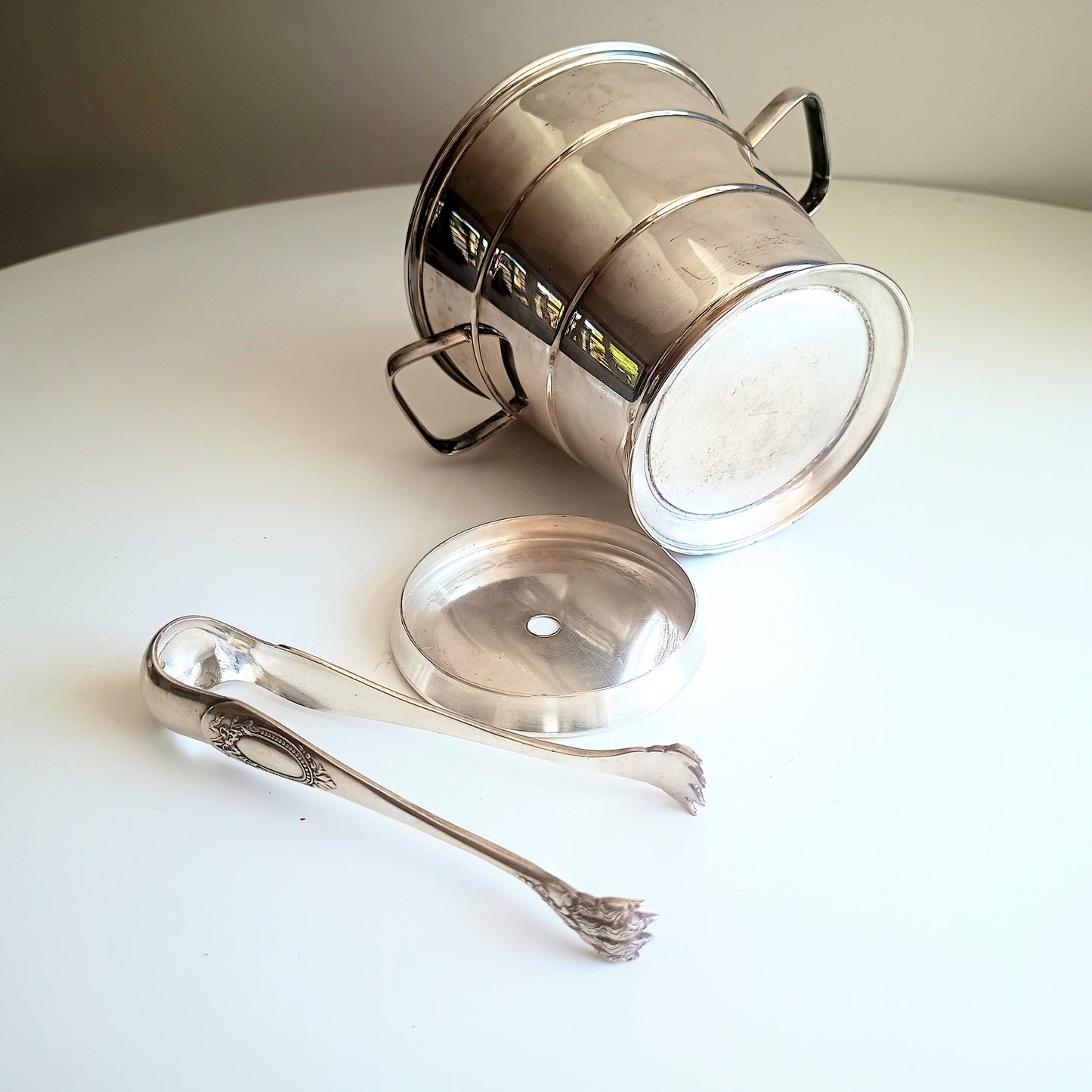 Vintage Art Deco English Silver Plate  Wine Bottle Cooler Ice Bucket; Claw Ice Tongs