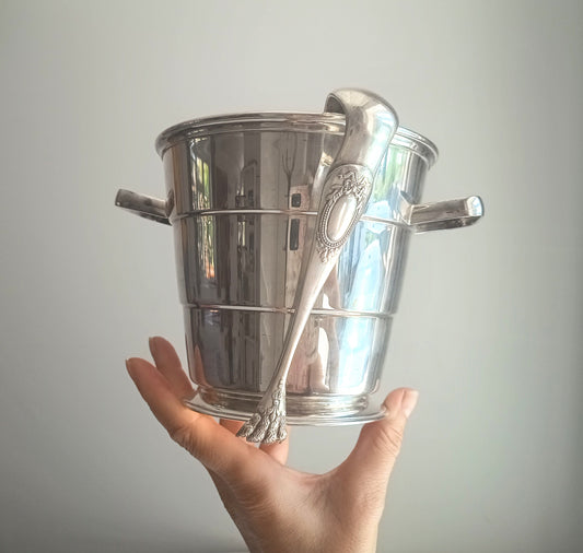 Vintage Art Deco English Silver Plate  Wine Bottle Cooler Ice Bucket; Claw Ice Tongs