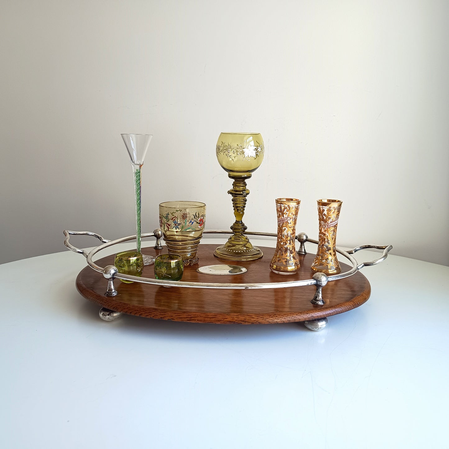 Antique Victorian Oak Silver Plate Ships Style Tray: Ball & Rail Gallery, Bun Feet