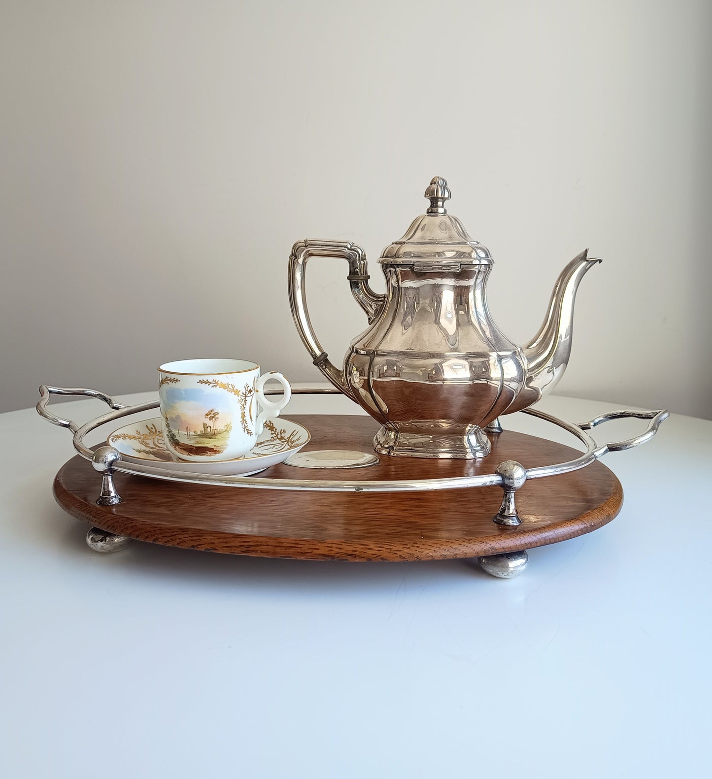 Antique Victorian Oak Silver Plate Ships Style Tray: Ball & Rail Gallery, Bun Feet