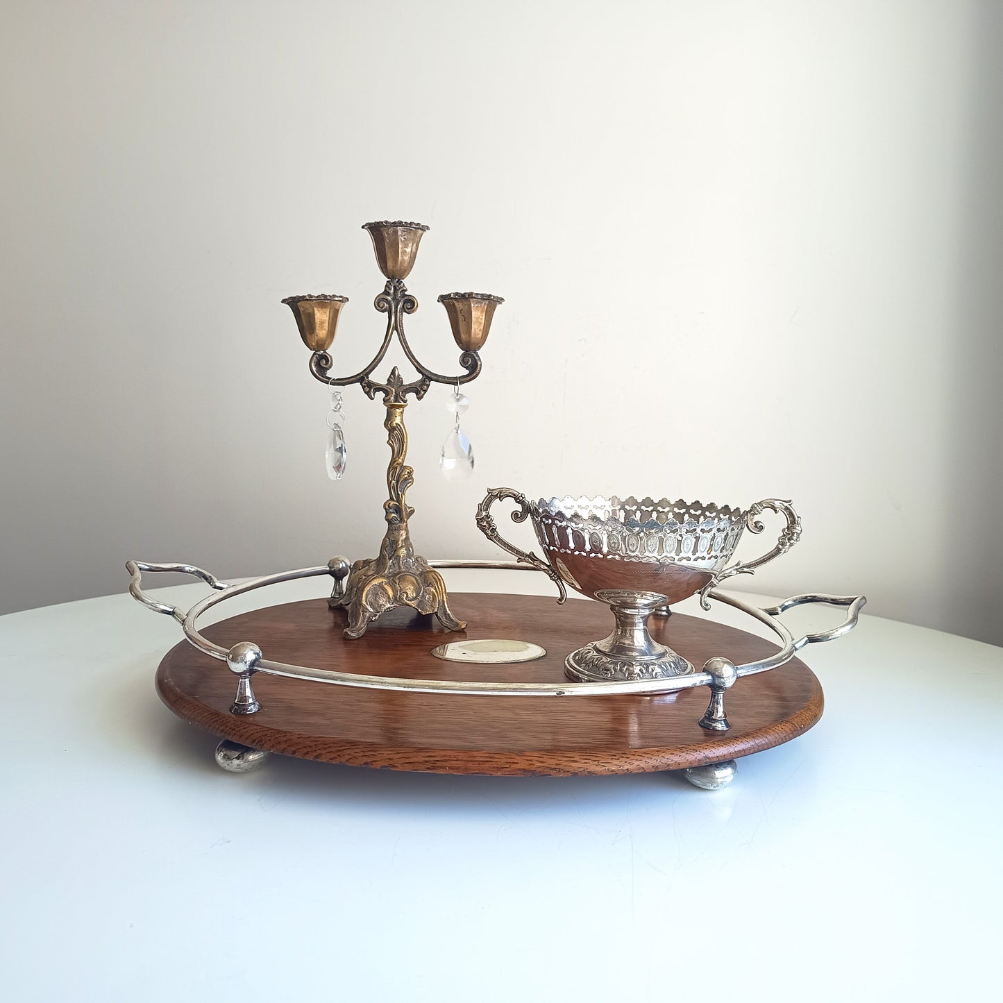 Antique Victorian Oak Silver Plate Ships Style Tray: Ball & Rail Gallery, Bun Feet
